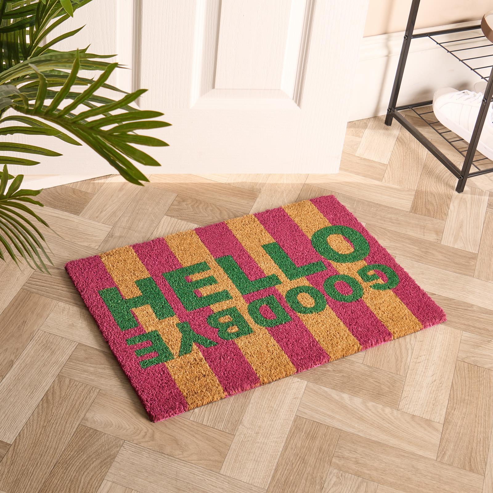 OHS Striped Doormat Hello Goodbye Slogan Non Slip Indoor Outdoor Coir Door Rug