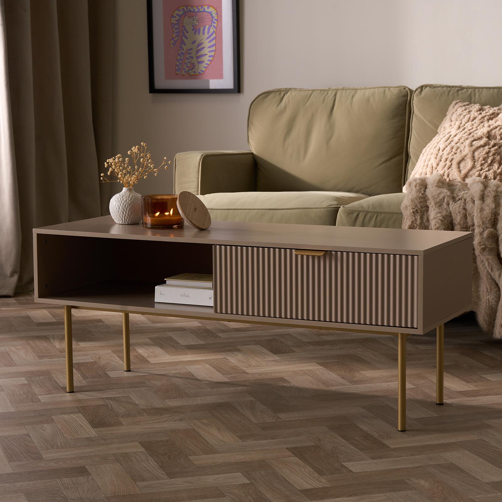 OHS Ribbed Coffee Table with Drawer Engineered Wood Shelf Storage Home Decor