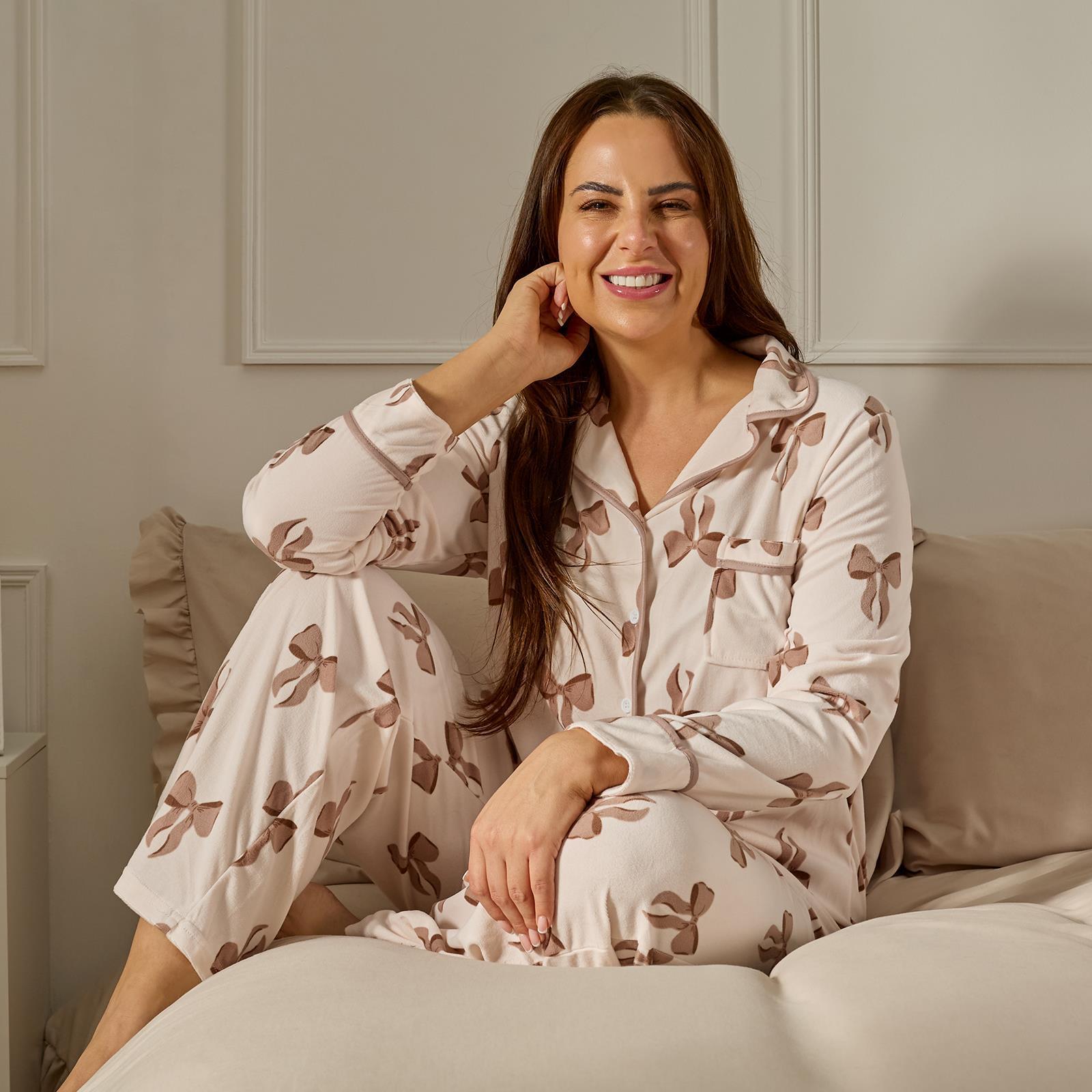 OHS Bows Pyjama Set Womens Button Through Baby Fleece Loungewear Nightwear