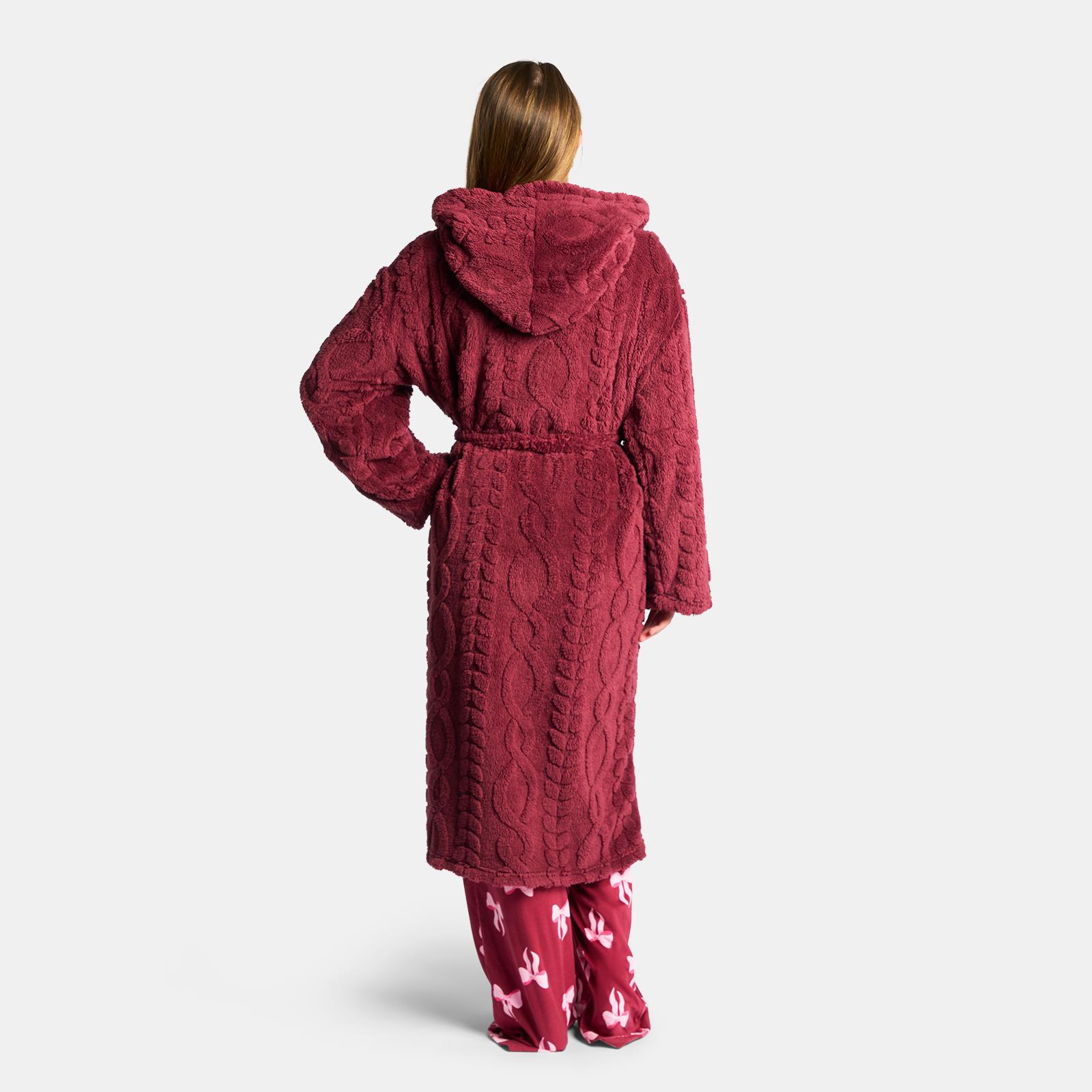 OHS Cable Knit Dressing Gown Flannel Fleece Winter Loungewear Hooded Bathrobe