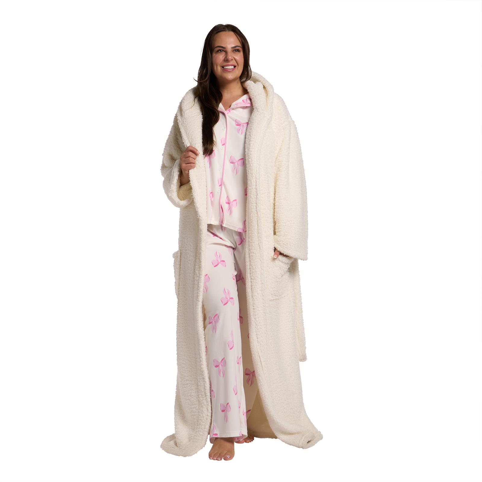OHS Teddy Fleece Dressing Gown Floor Length Hooded Bathrobe Winter Loungewear