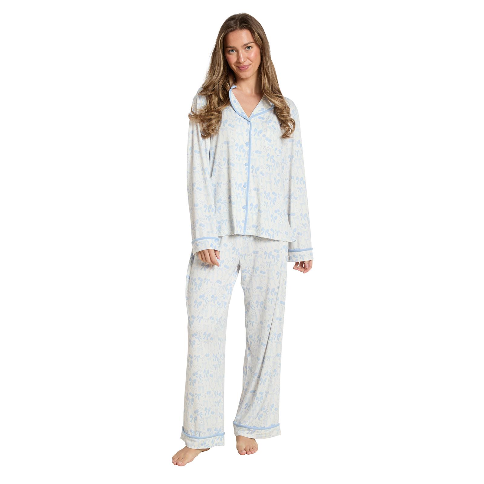 OHS Bows Pyjama Set Womens Jersey Button Through Soft Nightwear Loungewear