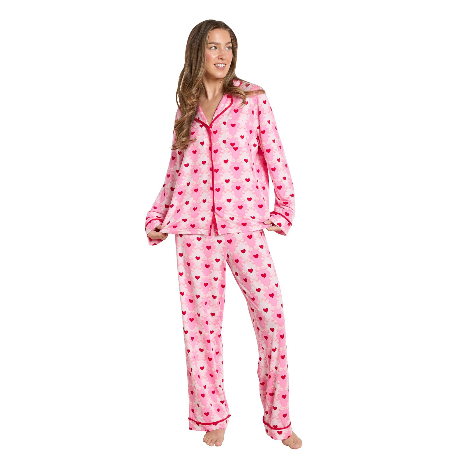 OHS Bows Pyjama Set Womens Jersey Button Through Soft Nightwear Loungewear