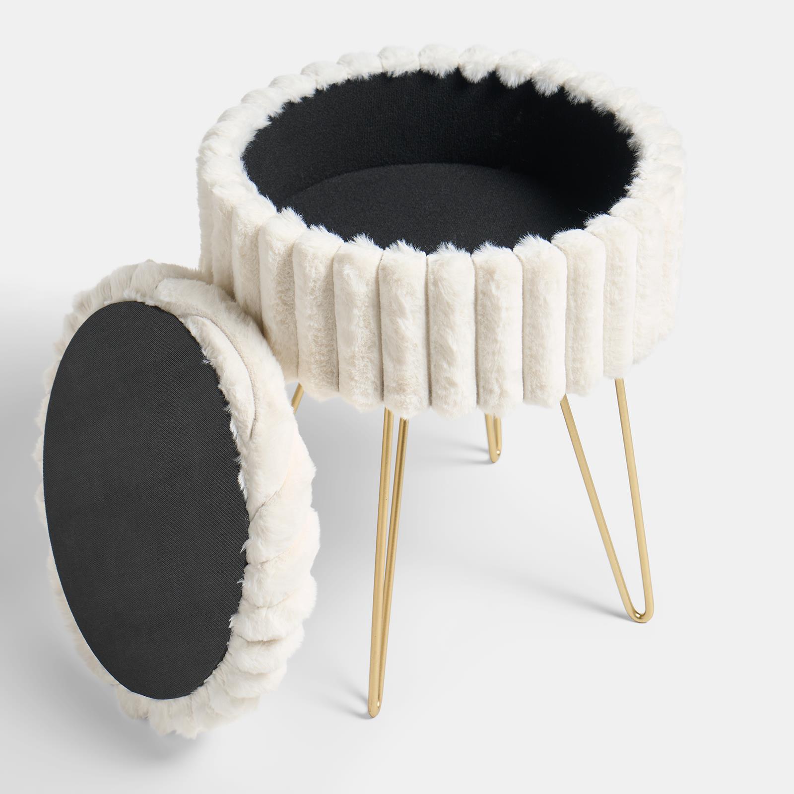OHS Faux Fur Stool Hairpin Ribbed Fleece Round Vanity Seat Foot Rest Chair