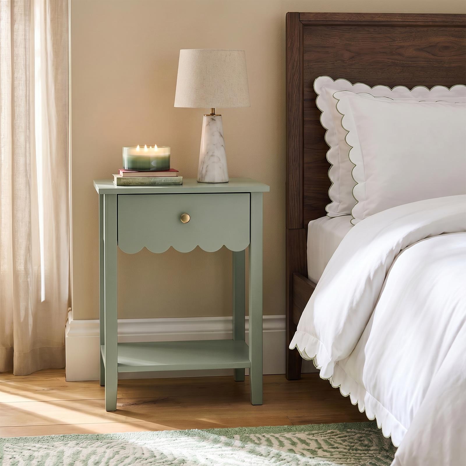 OHS Scallop Bedside Wood Nightstand 1 Drawer Storage Unit End Table Home Decor