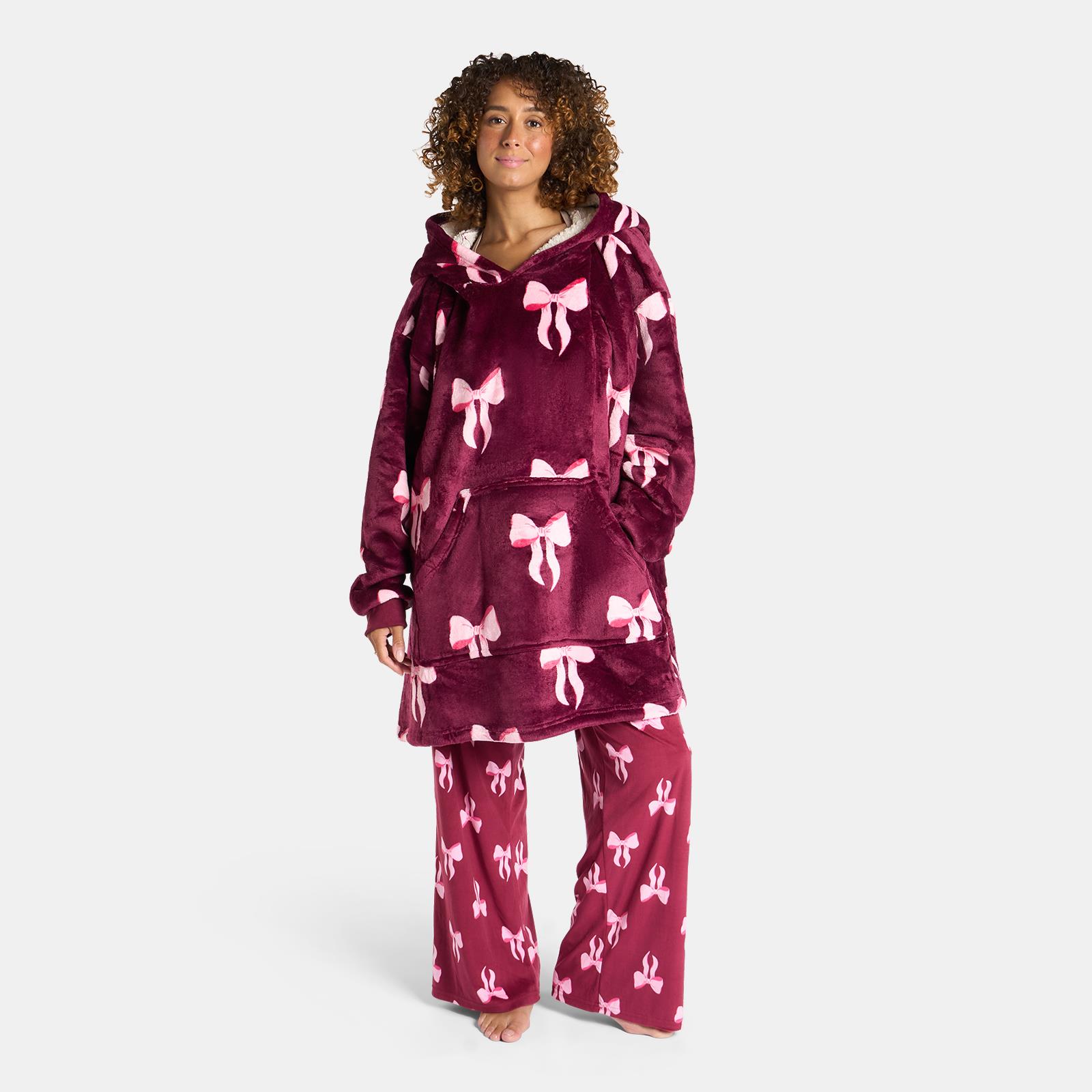 OHS Bows Print Hooded Blanket Adult Kids Sherpa Lined Winter Family Hoodie
