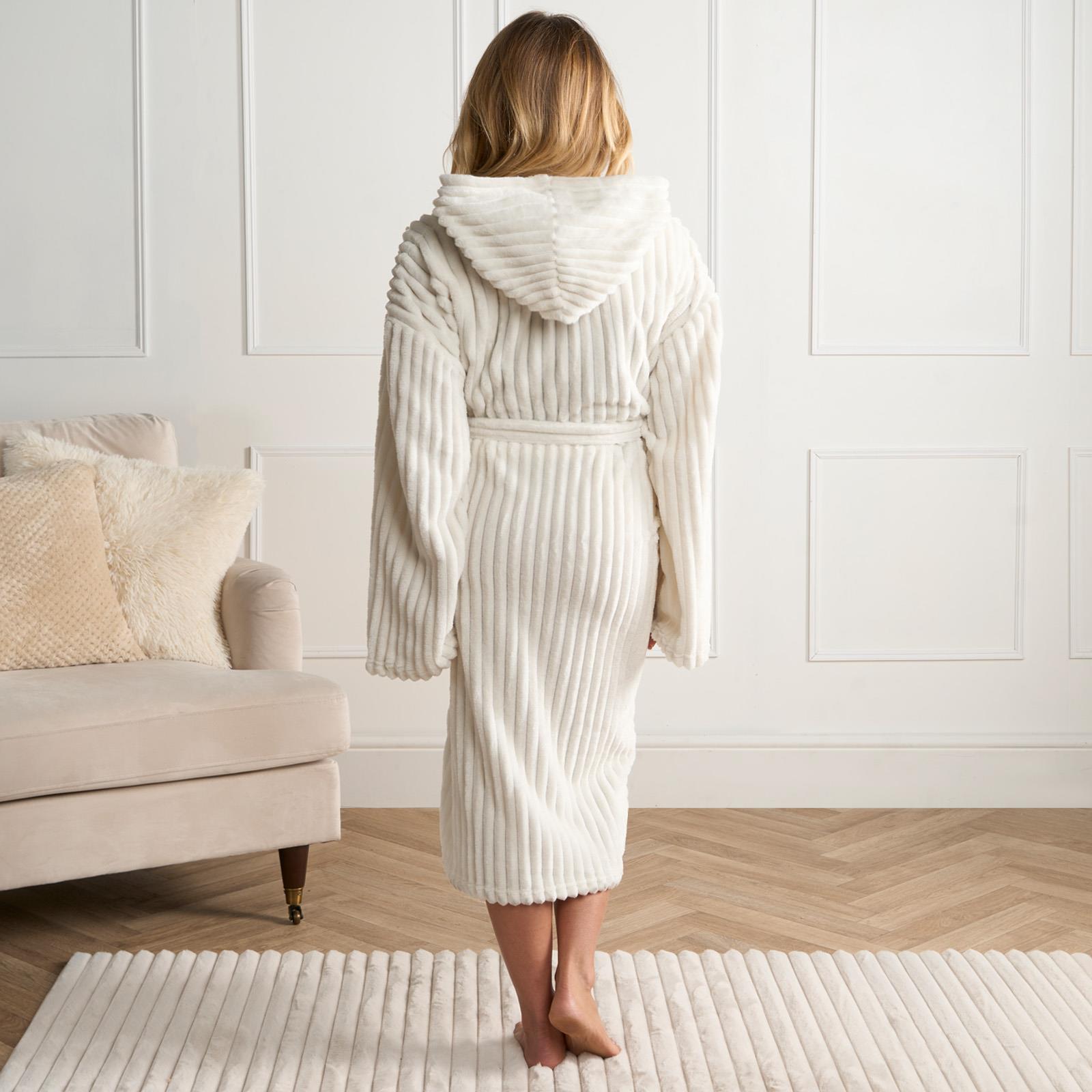 OHS Ribbed Fleece Dressing Gown Luxury Warm Supersoft Loungewear Ladies Robe