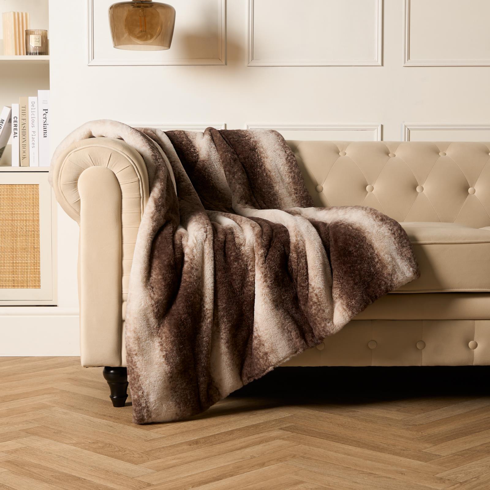 Stripe Throw Over Blanket Faux Fur Fleece Super Soft Plush Sofa Warm Bedspread