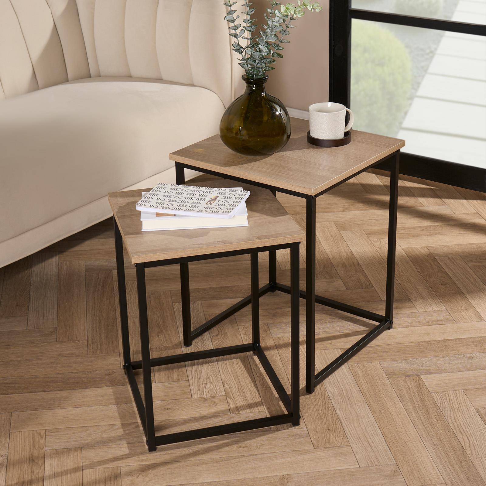 Nest of Tables Square Wood Top Modern End Side Living Room Home Decor Set of 2