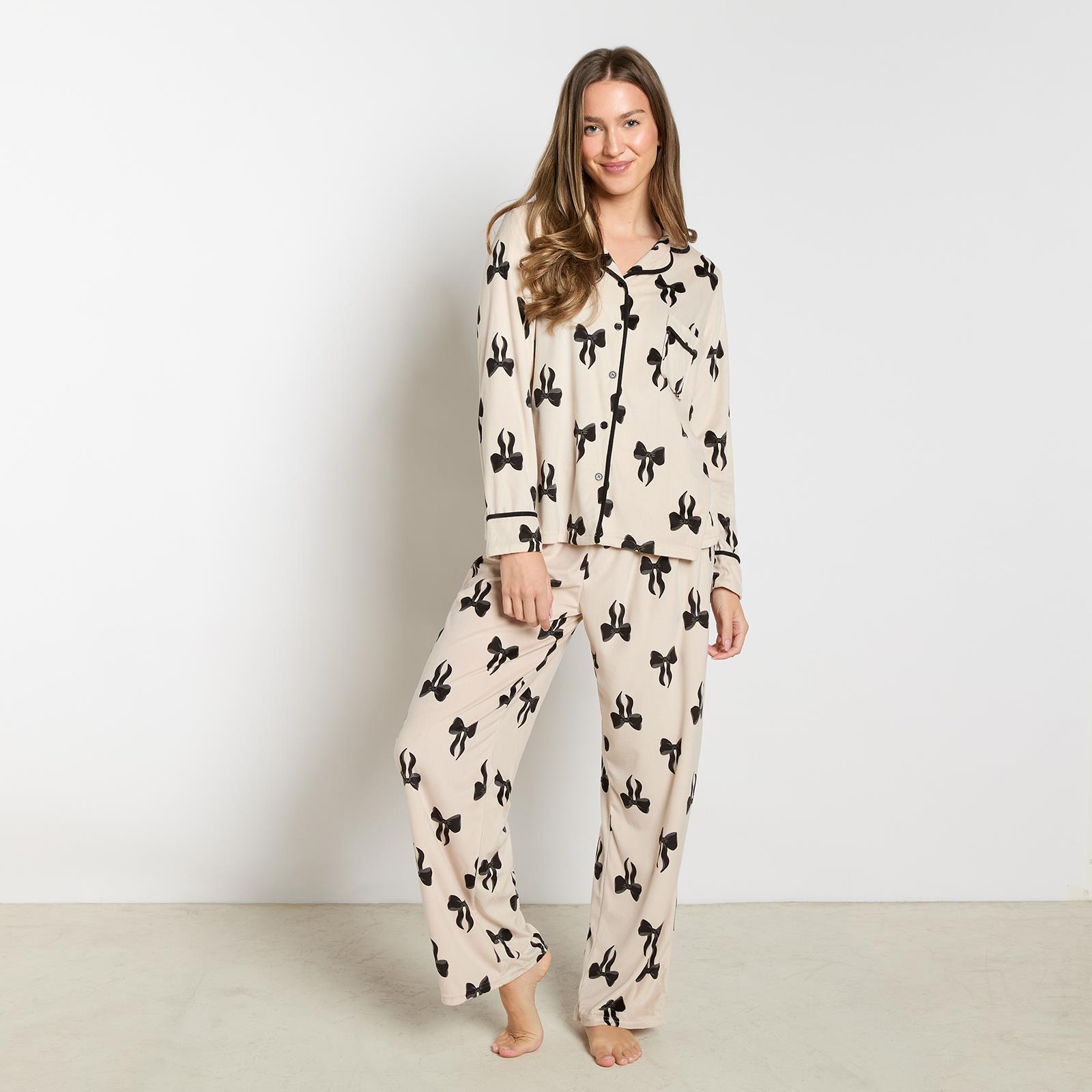 OHS Bows Pyjama Set Womens Button Through Baby Fleece Loungewear Nightwear