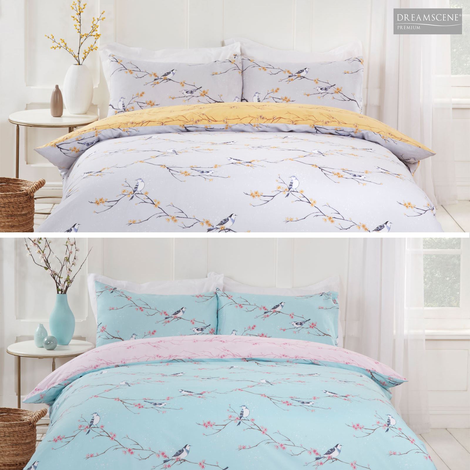 Dreamscene Blossom Bird Quilt Cover with Pillowcase Bedding Set Grey