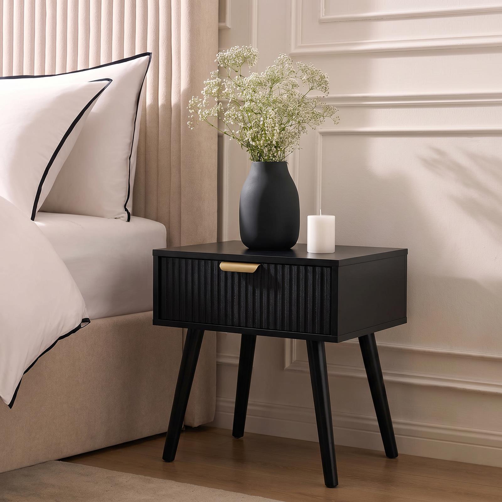 OHS Ribbed Bedside Nightstand 1 Drawer Storage Unit Wooden End Table