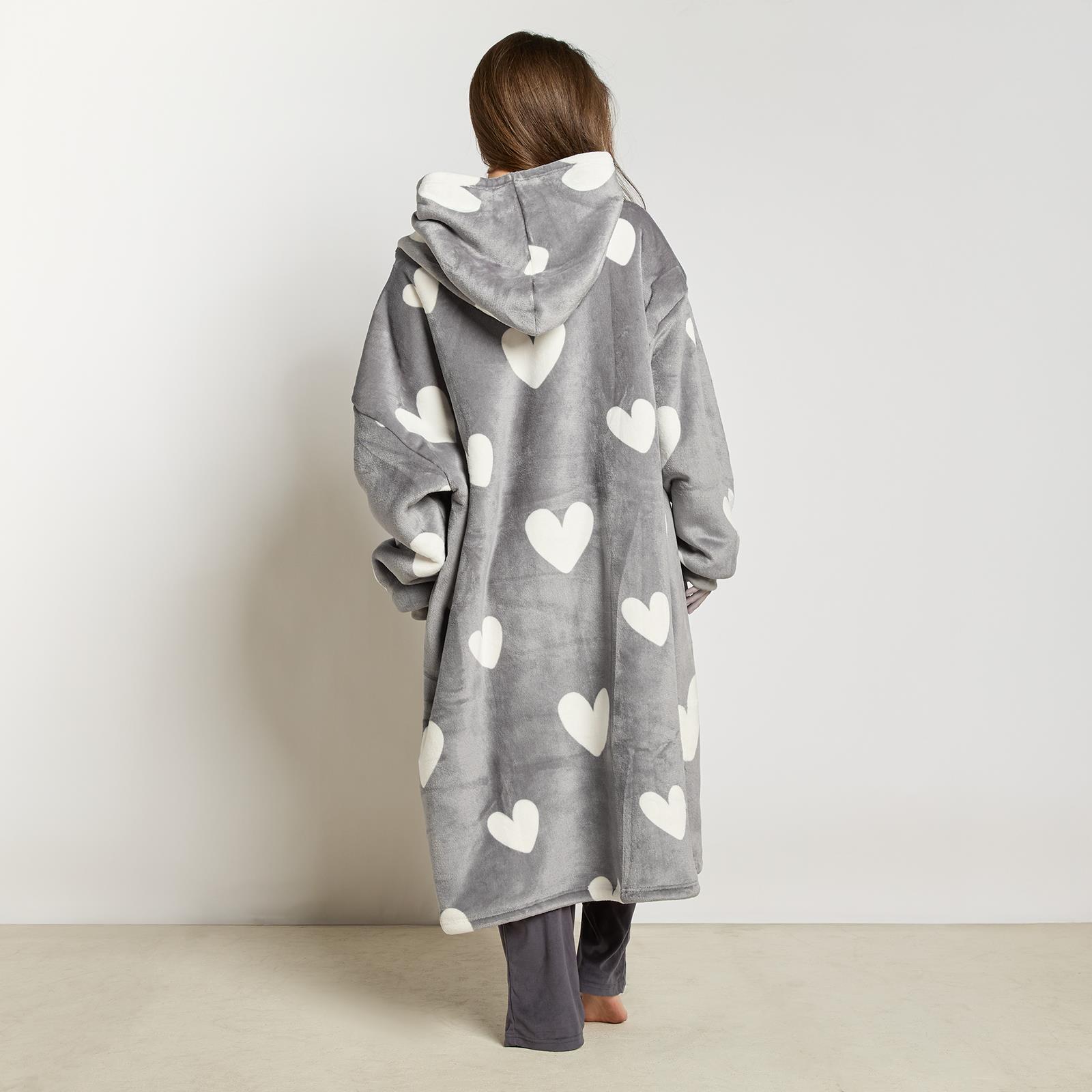 OHS Heart Print Hoodie Blanket Oversized Adult Fleece Sherpa Throw Jumper