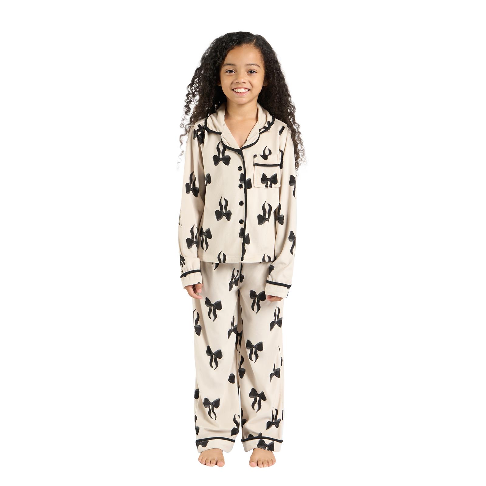 OHS Bows Pyjama Set Kids Button Through Baby Fleece Family Loungewear Nightwear