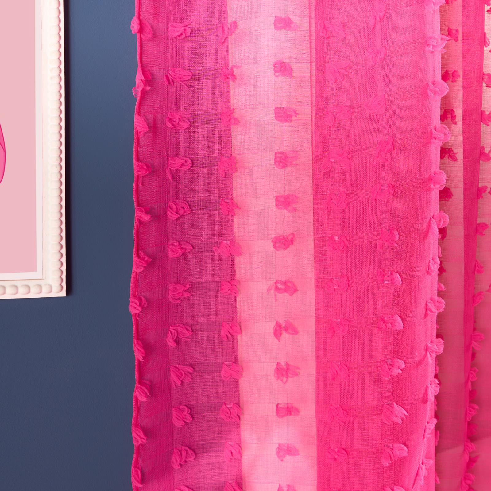 OHS Pompom Tufted Voile Net Curtains Pair 2 Window Panels Slot Top Set 55