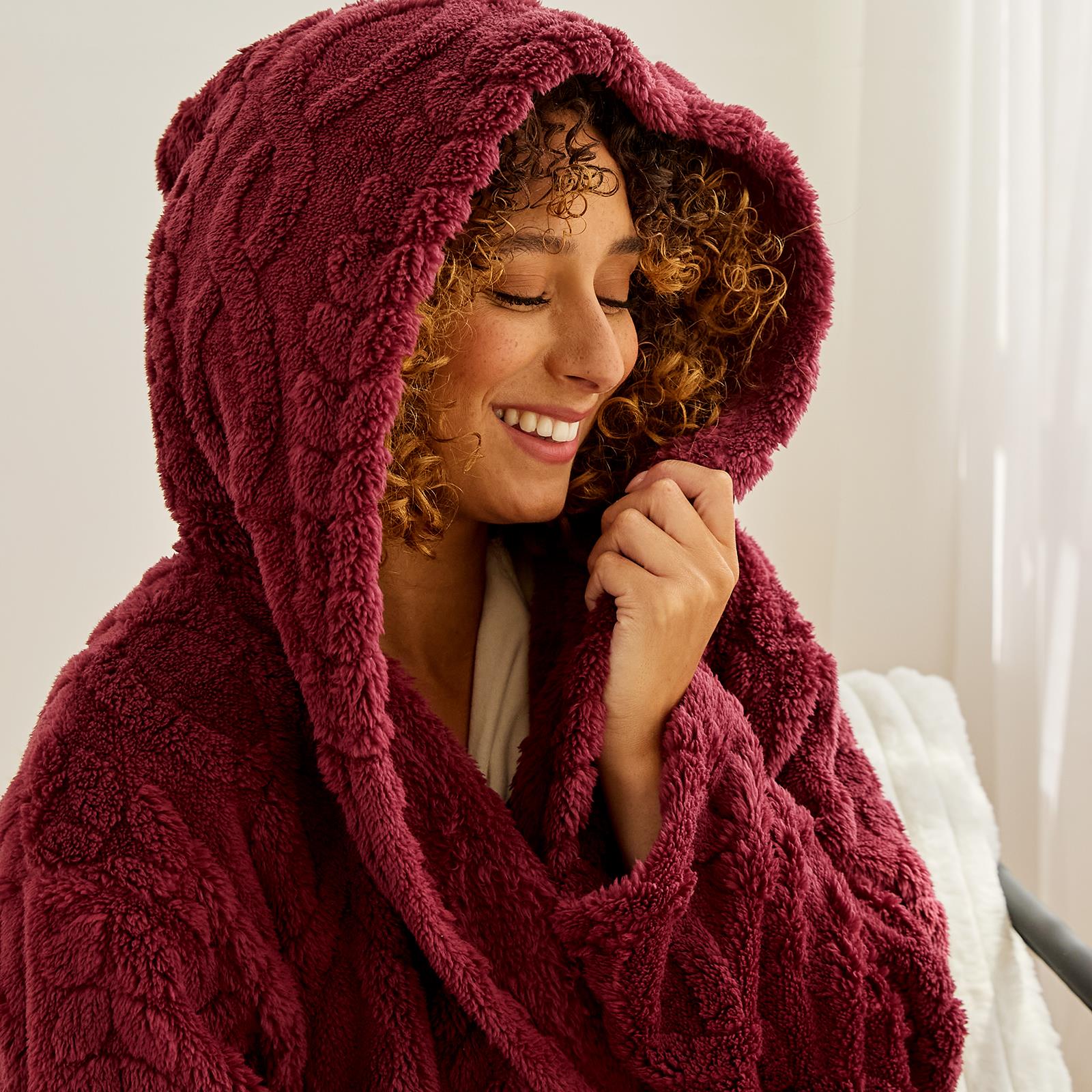 OHS Cable Knit Dressing Gown Flannel Fleece Winter Loungewear Hooded Bathrobe