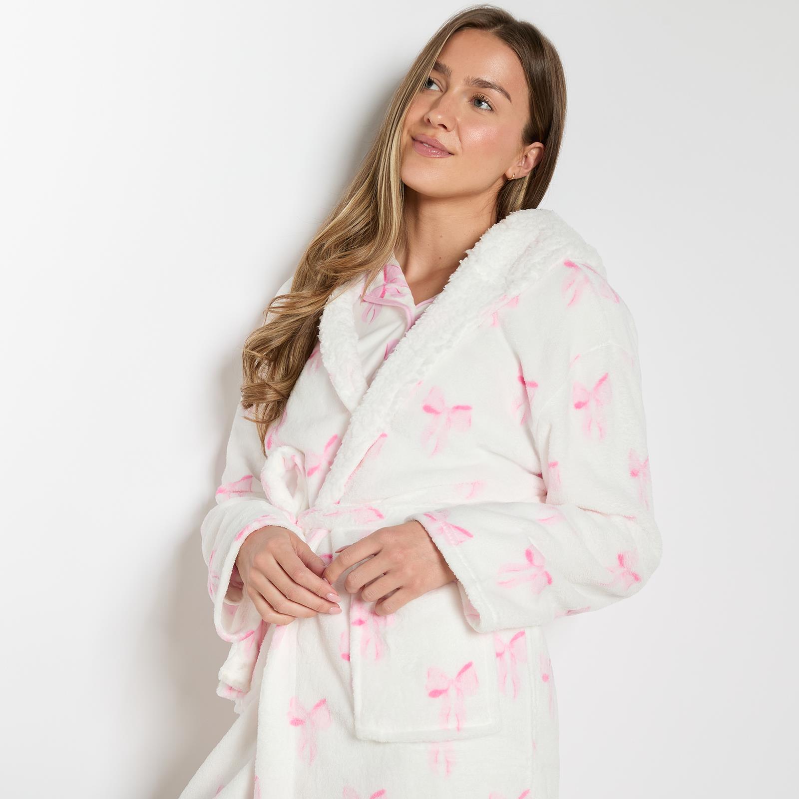 OHS Bows Dressing Gown Flannel Winter Sherpa Lined Loungewear Hooded Bathrobe