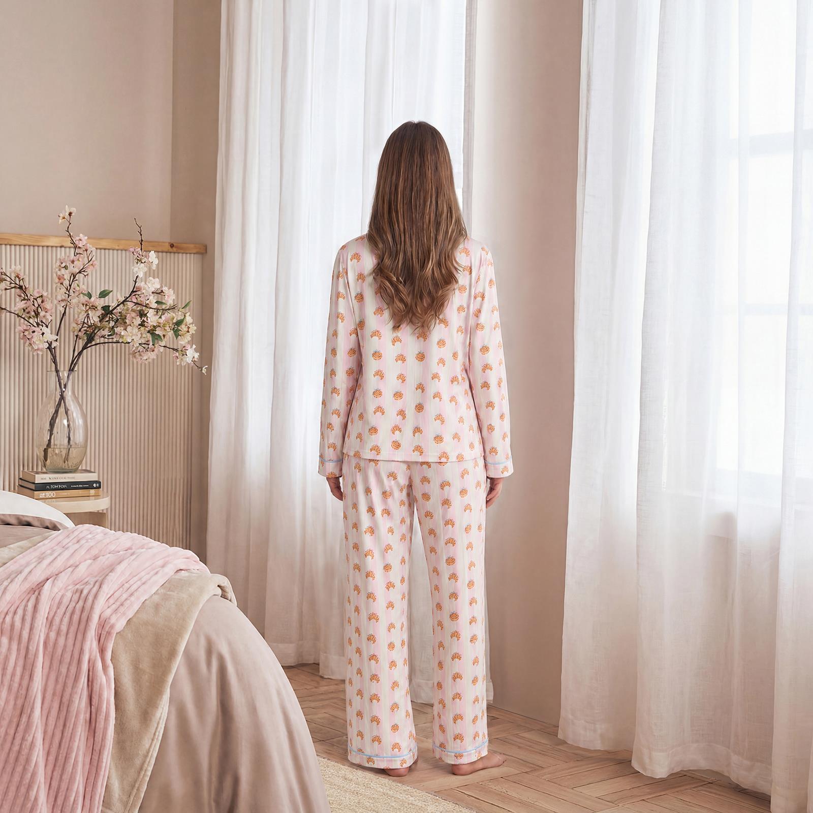 OHS Breakfast Pyjama Set Jersey Button Through Ultra Soft Nightwear Loungewear