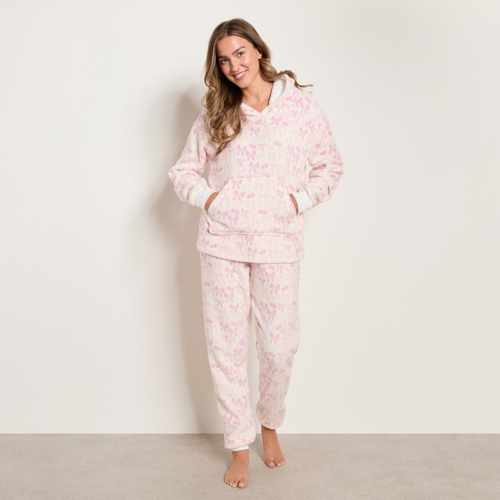 OHS Bow Print Loungewear Set Winter Sherpa Nightwear 2-Piece Hoodie Jogger Gift