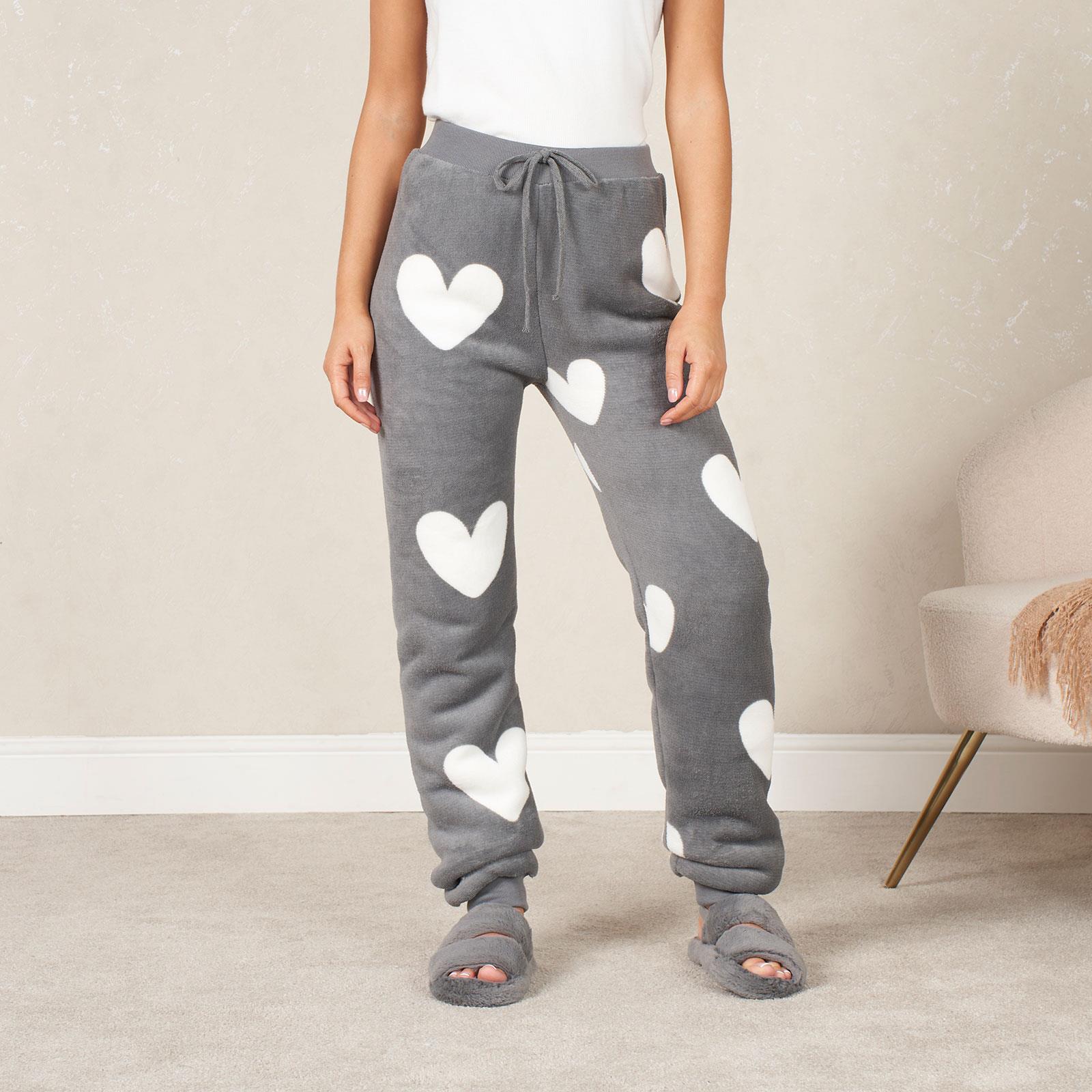 Ladies Fleece Pyjama Set Soft Sherpa Womens PJ Heart Lounge Pants Warm Nightwear