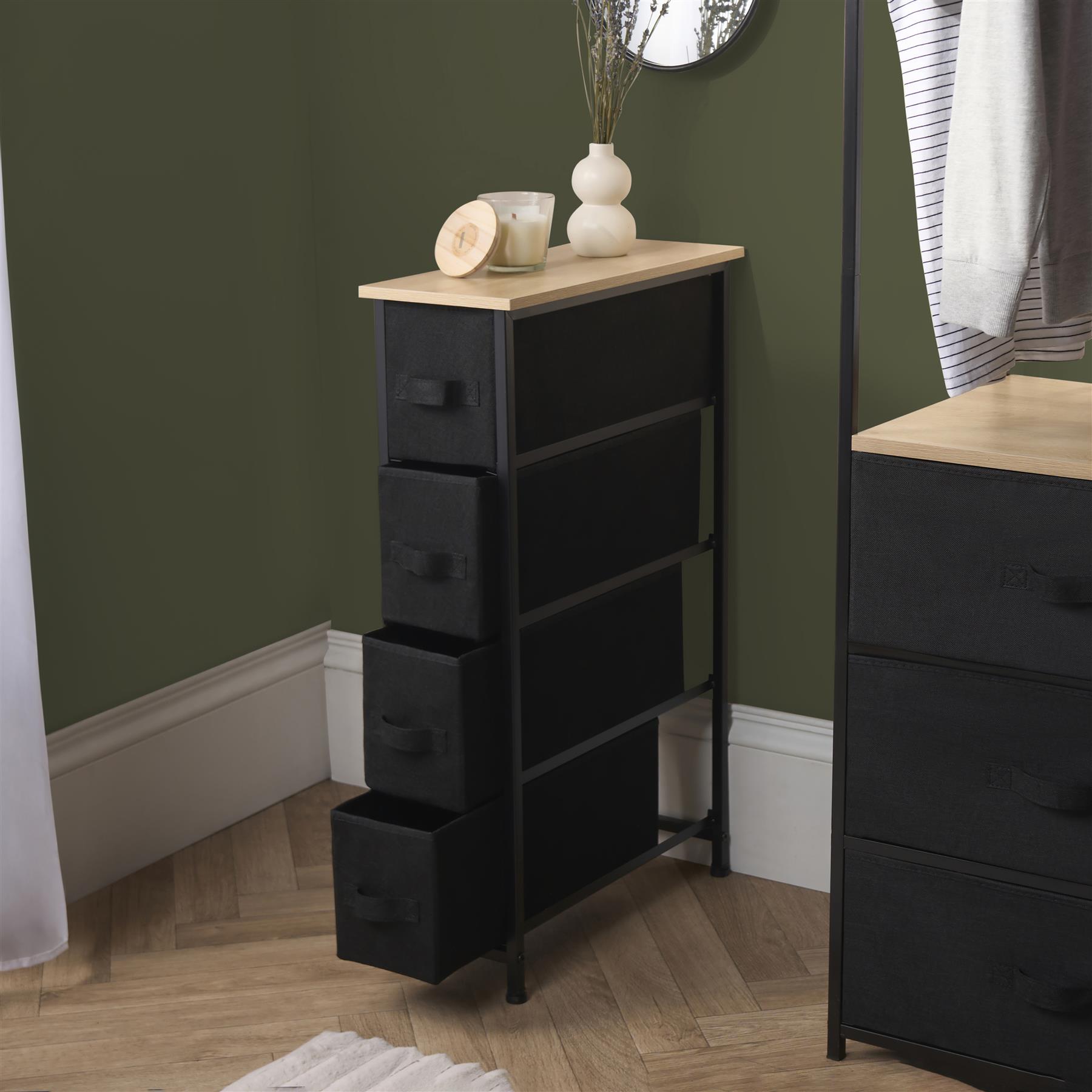 Narrow 4 Drawer Storage Cabinet Bedside Table Unit Clothes Home Fabric Organiser
