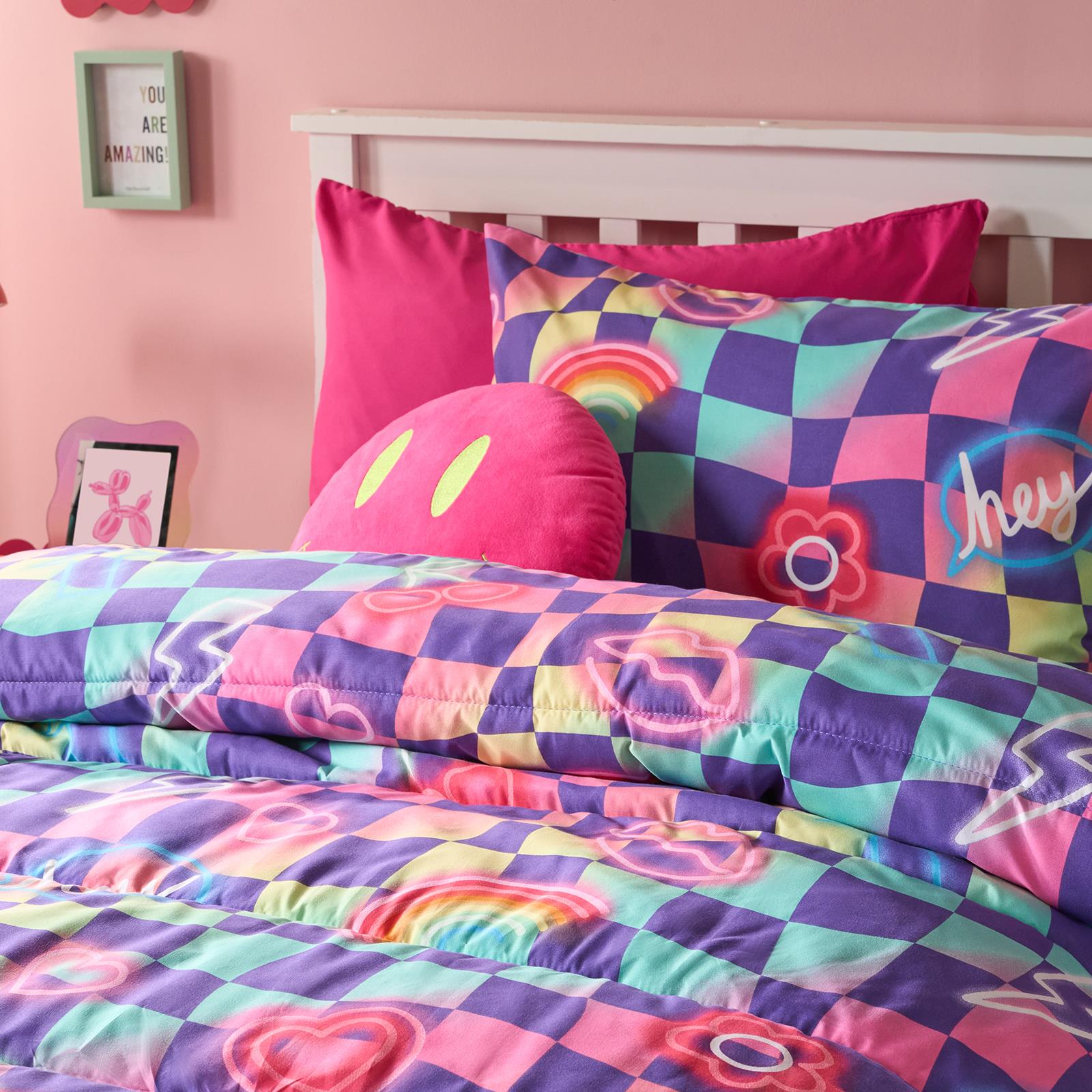 OHS Checkerboard Coverless 10.5 Tog Duvet Set with Pillowcase Kids Neon Single