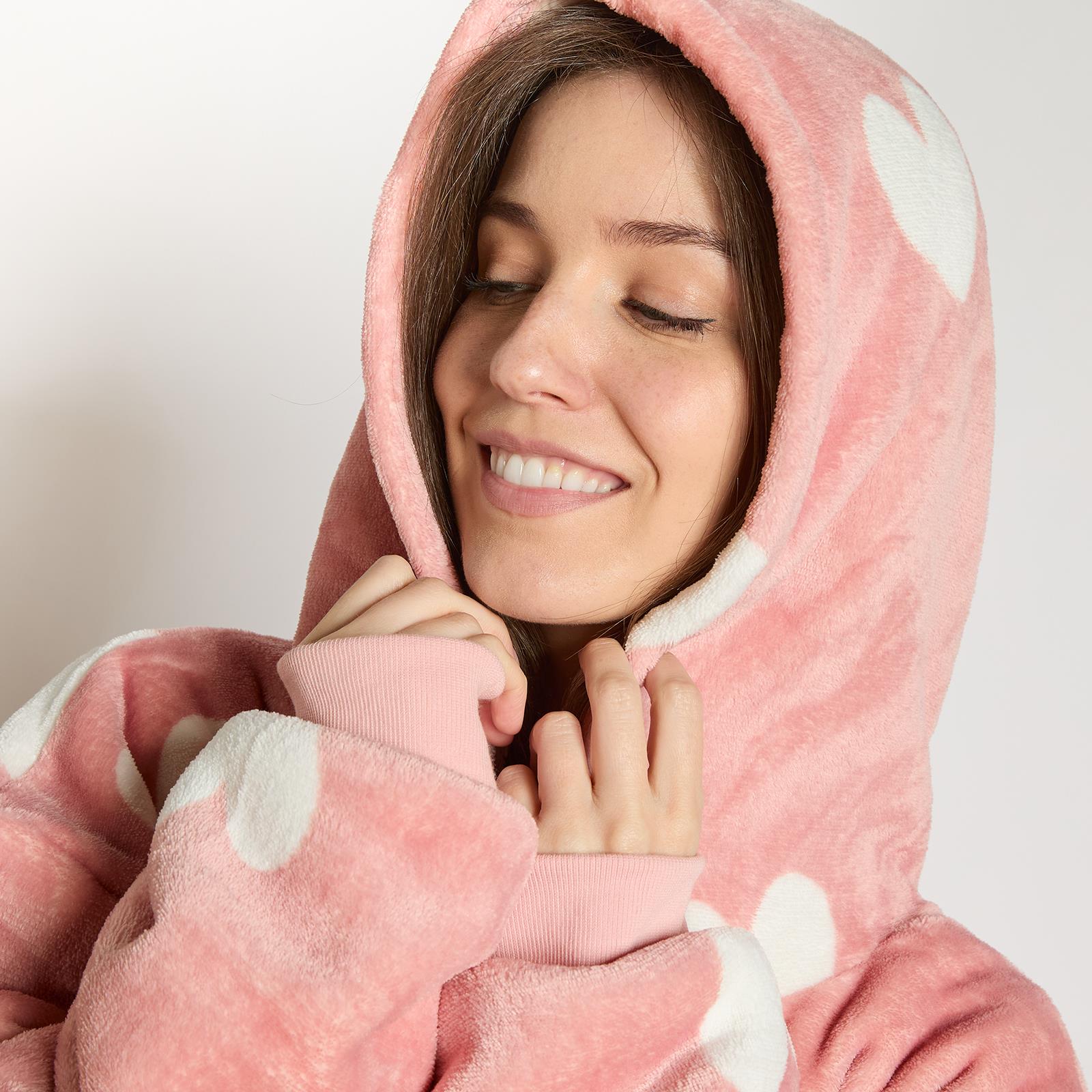OHS Heart Print Hoodie Blanket Oversized Adult Fleece Sherpa Throw Jumper
