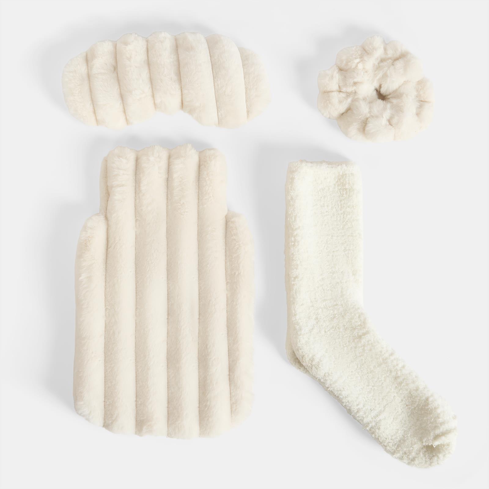 OHS Ribbed Faux Fur Winter Gift Set Hot Water Bottle Socks Eye Mask Scrunchie