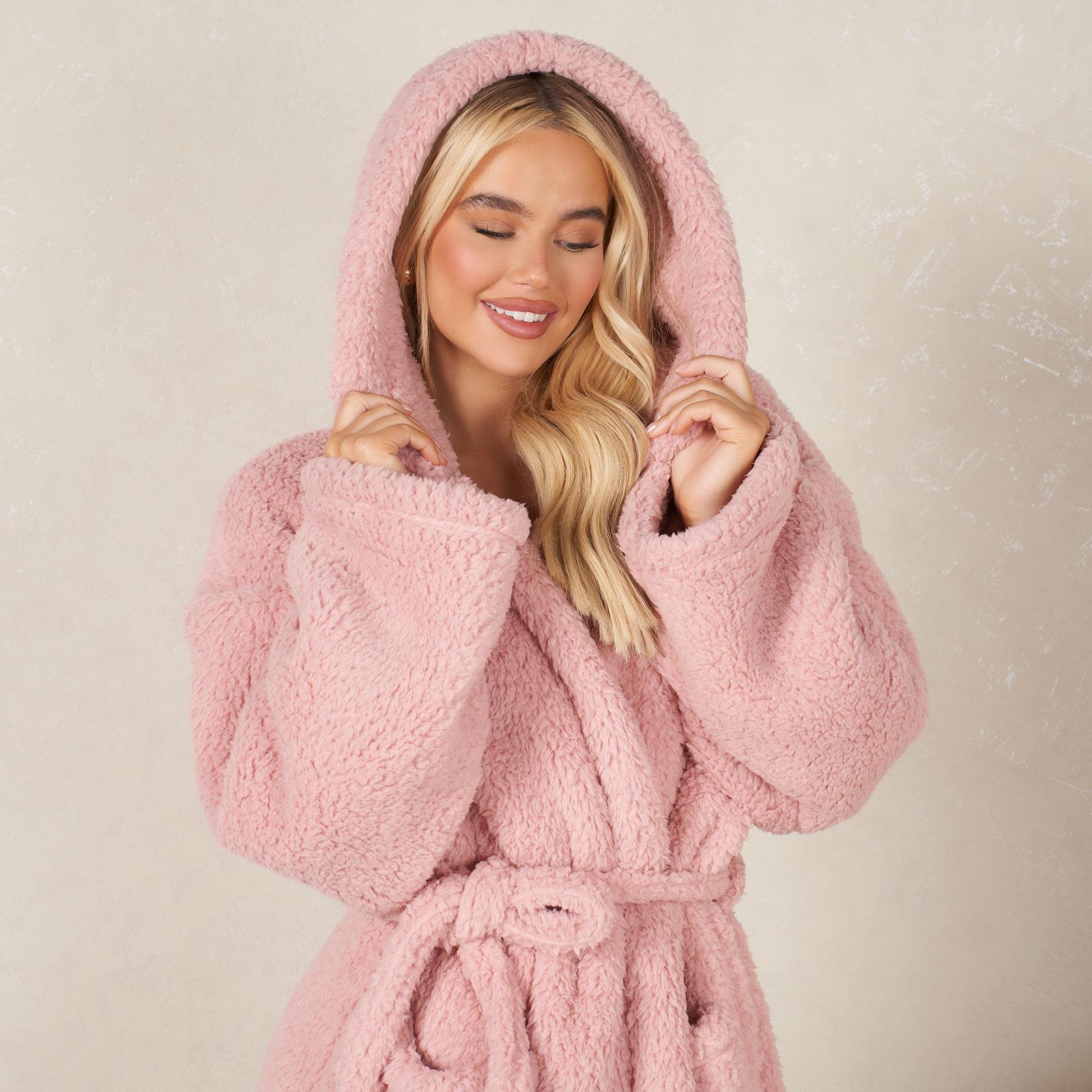 Teddy Fleece Long Dressing Gown Ladies Warm House Coat Hooded Long Cosy Robe - Picture 9 of 17