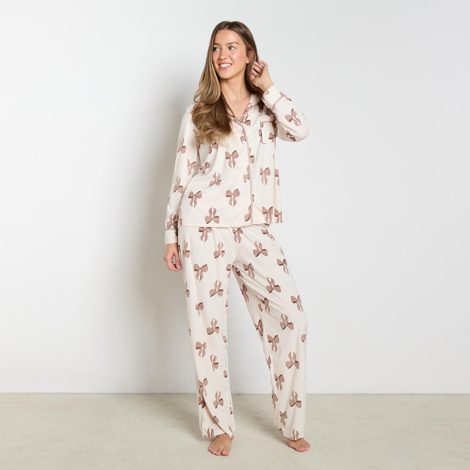 OHS Bows Pyjama Set Womens Button Through Baby Fleece Loungewear Nightwear