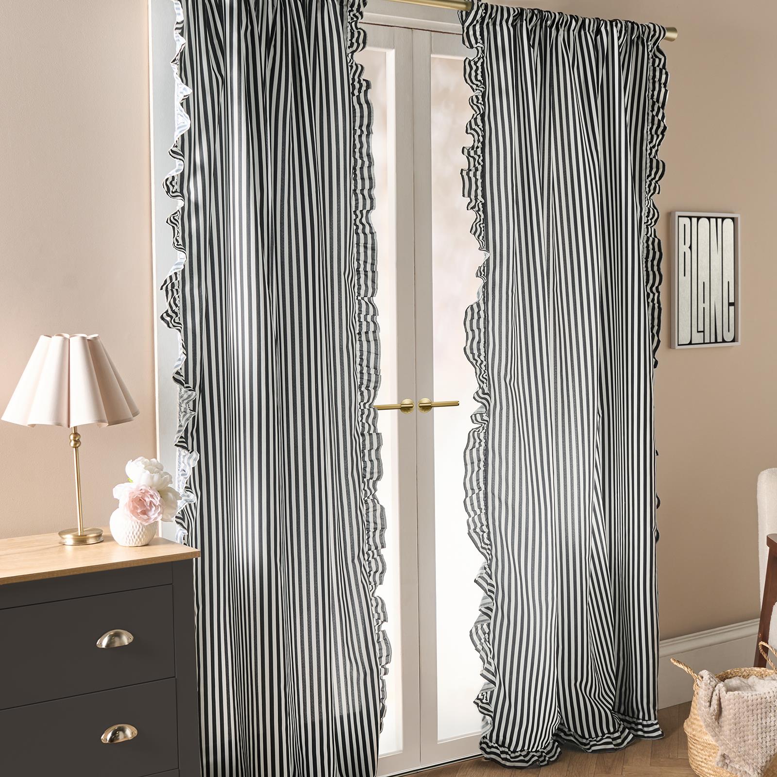 OHS Stripe Frill Voile Net Curtains 2 Window Panels Sheer Rod Slot Top Pair Set