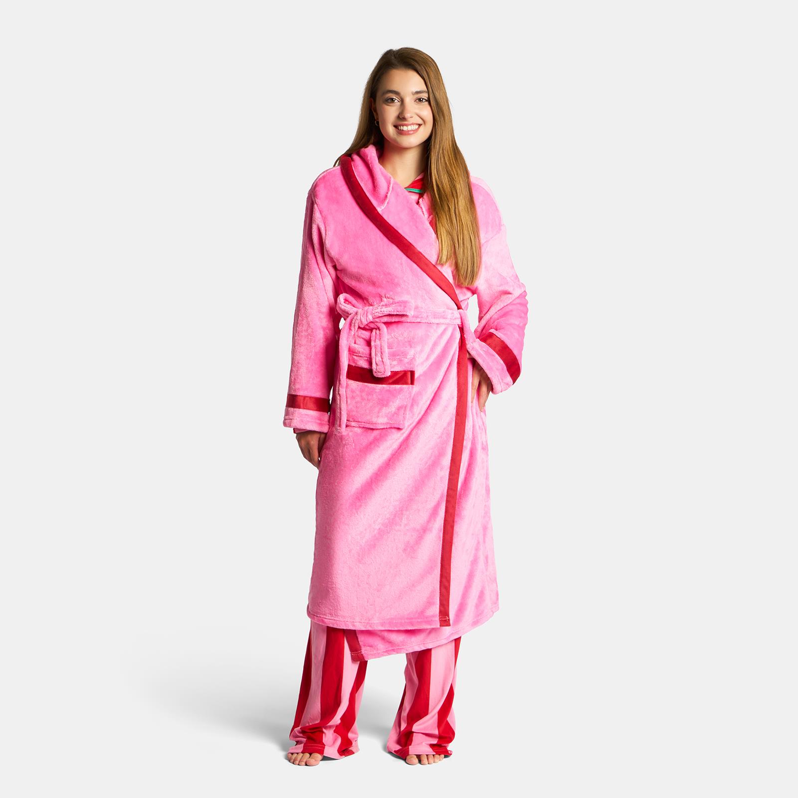 OHS Piped Edge Dressing Gown Flannel Fleece Winter Loungewear Hooded Bathrobe