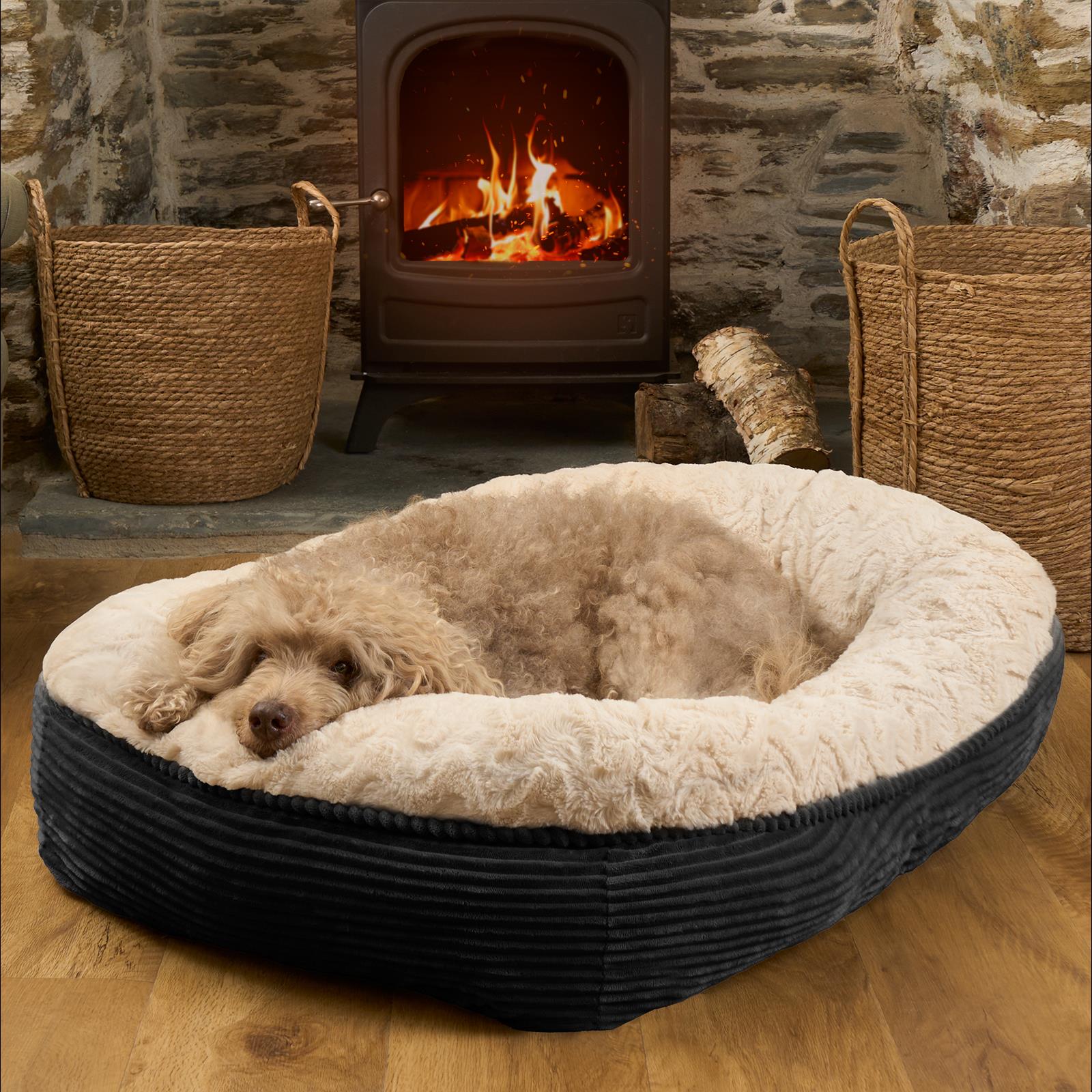 Dog Bed Washable Plush Soft Faux Fur Fleece Ribbed Pet Basket Cushion Warm Cosy