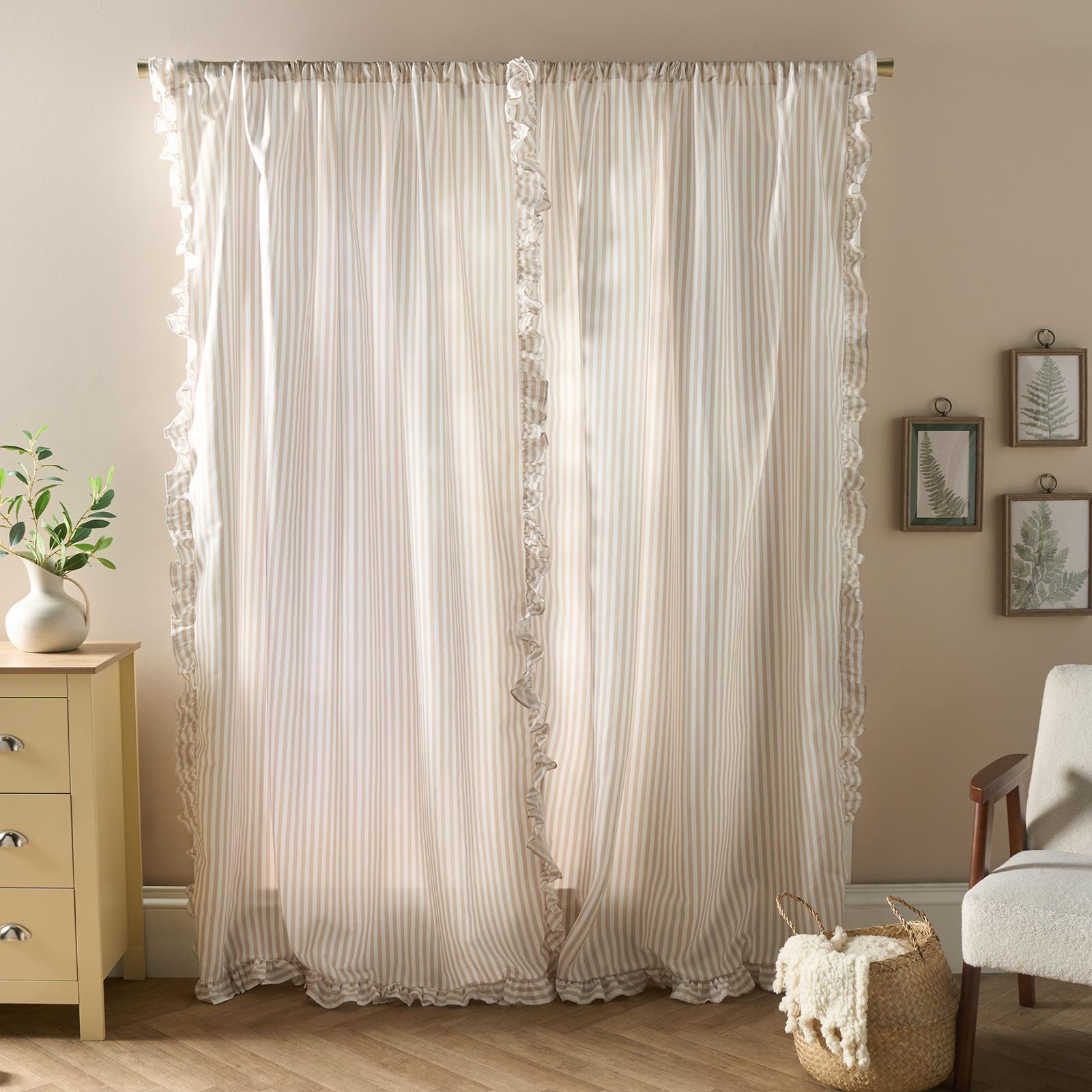 OHS Stripe Frill Voile Net Curtains 2 Window Panels Sheer Rod Slot Top Pair Set