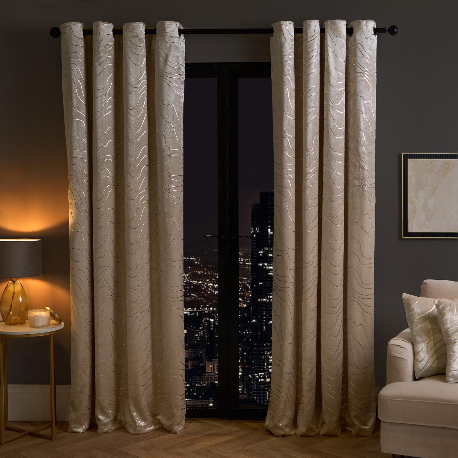 Velvet Eyelet Curtains Metallic Foil Wave Pair of Ring Top Thermal Ready Made