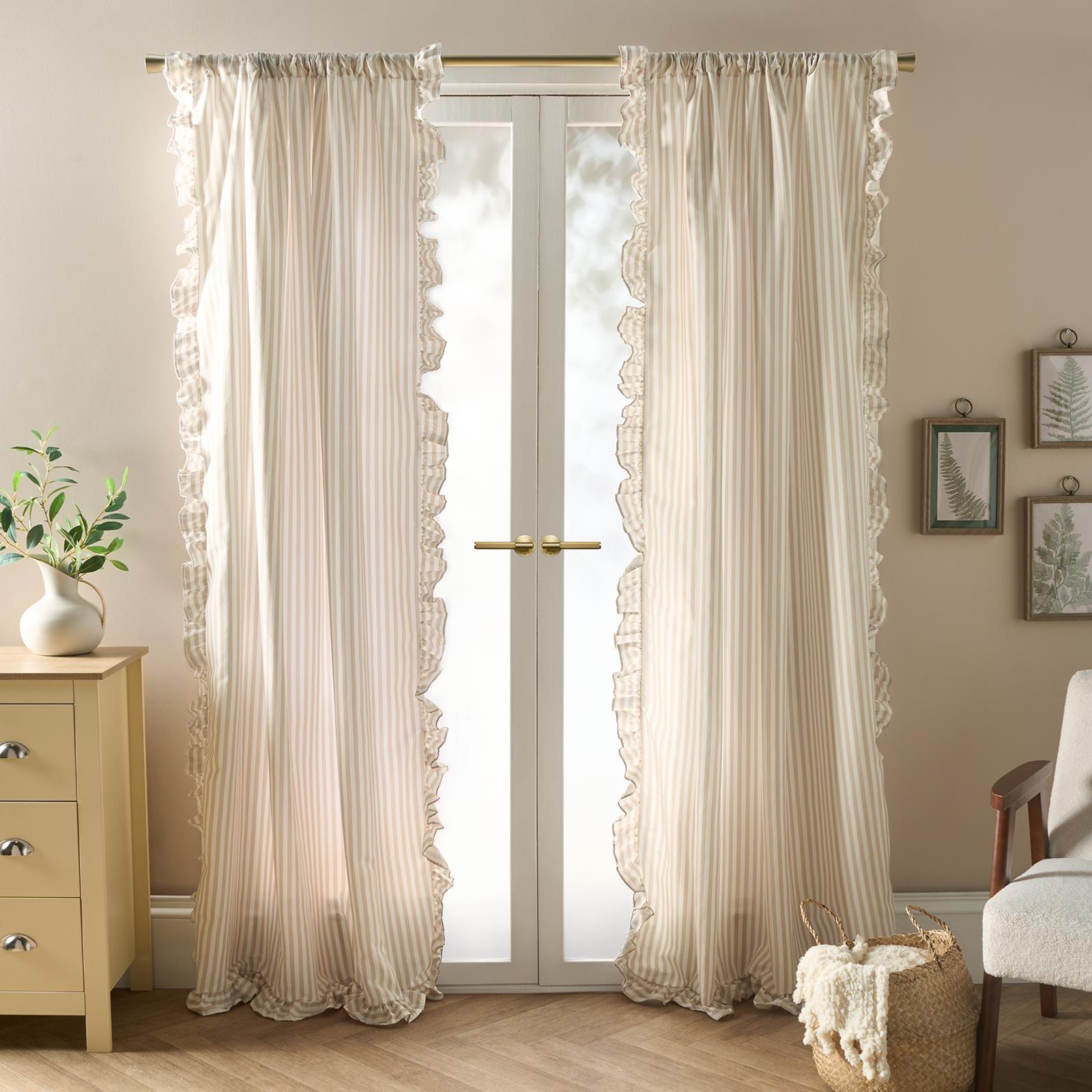 OHS Stripe Frill Voile Net Curtains 2 Window Panels Sheer Rod Slot Top Pair Set