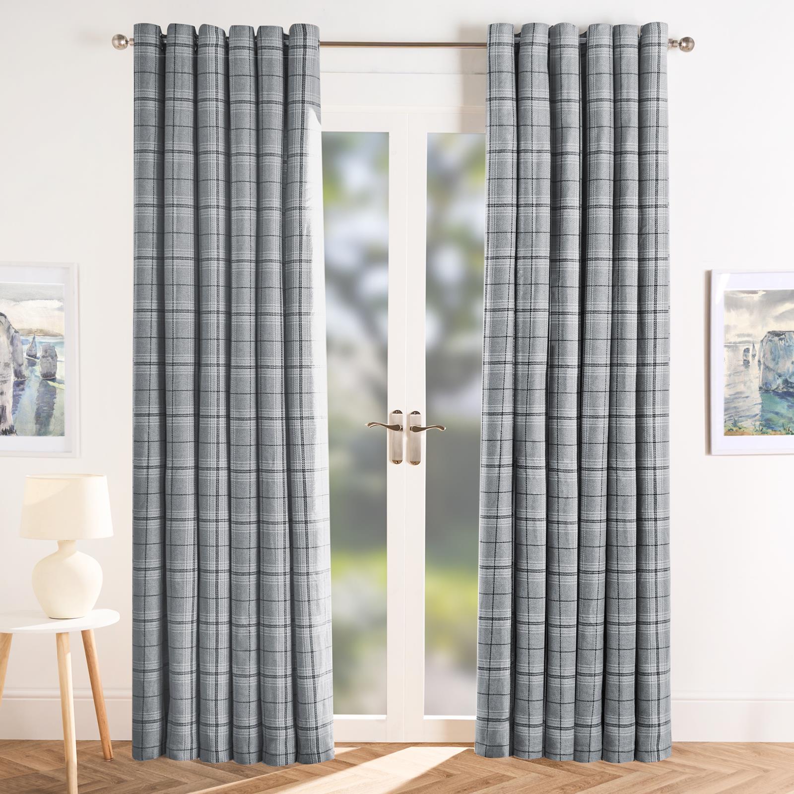 Check Eyelet Curtains Pair Thermal Ring Top Textured Woven Ready Made Home Decor