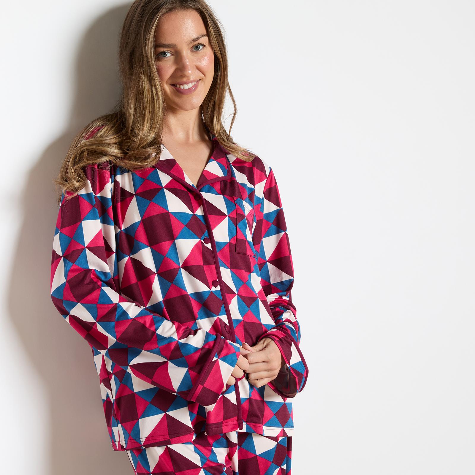 OHS Geo Print Pyjama Set Jersey Button Through Ultra Soft Nightwear Loungewear