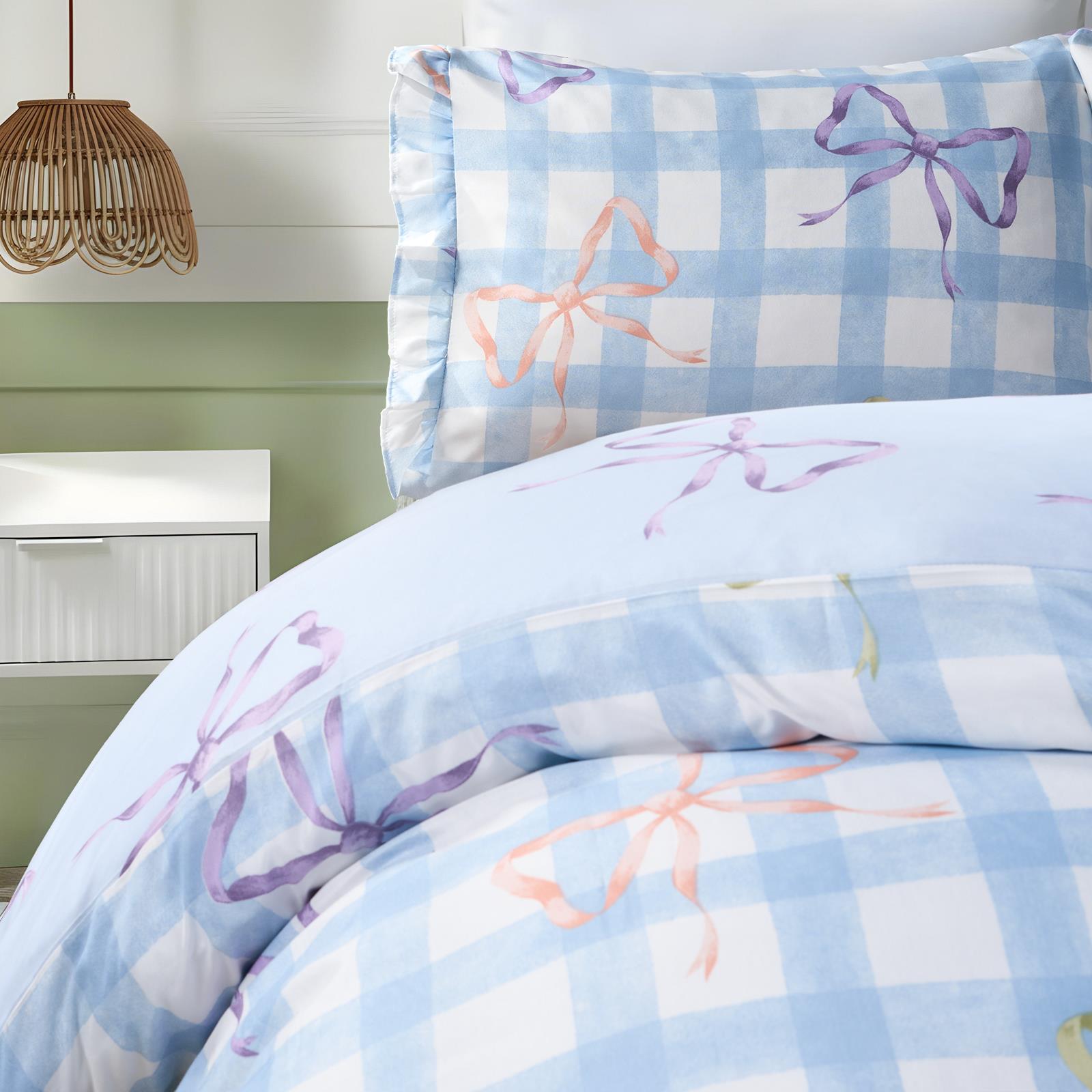 OHS Bow Gingham Bedding Set Microfibre Reversible Duvet Cover with Pillowcase