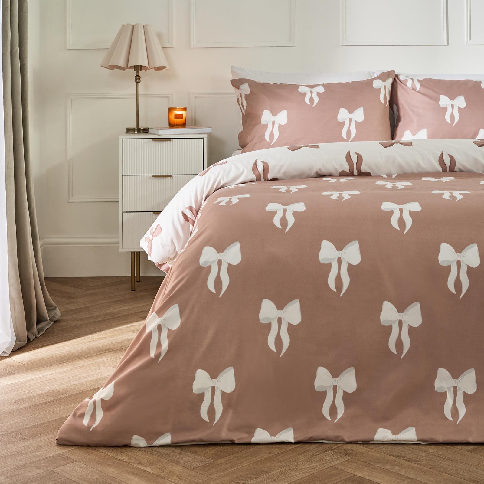 OHS Bow Reversible Duvet Cover Set with Pillowcase Polycotton Microfibre Bedding