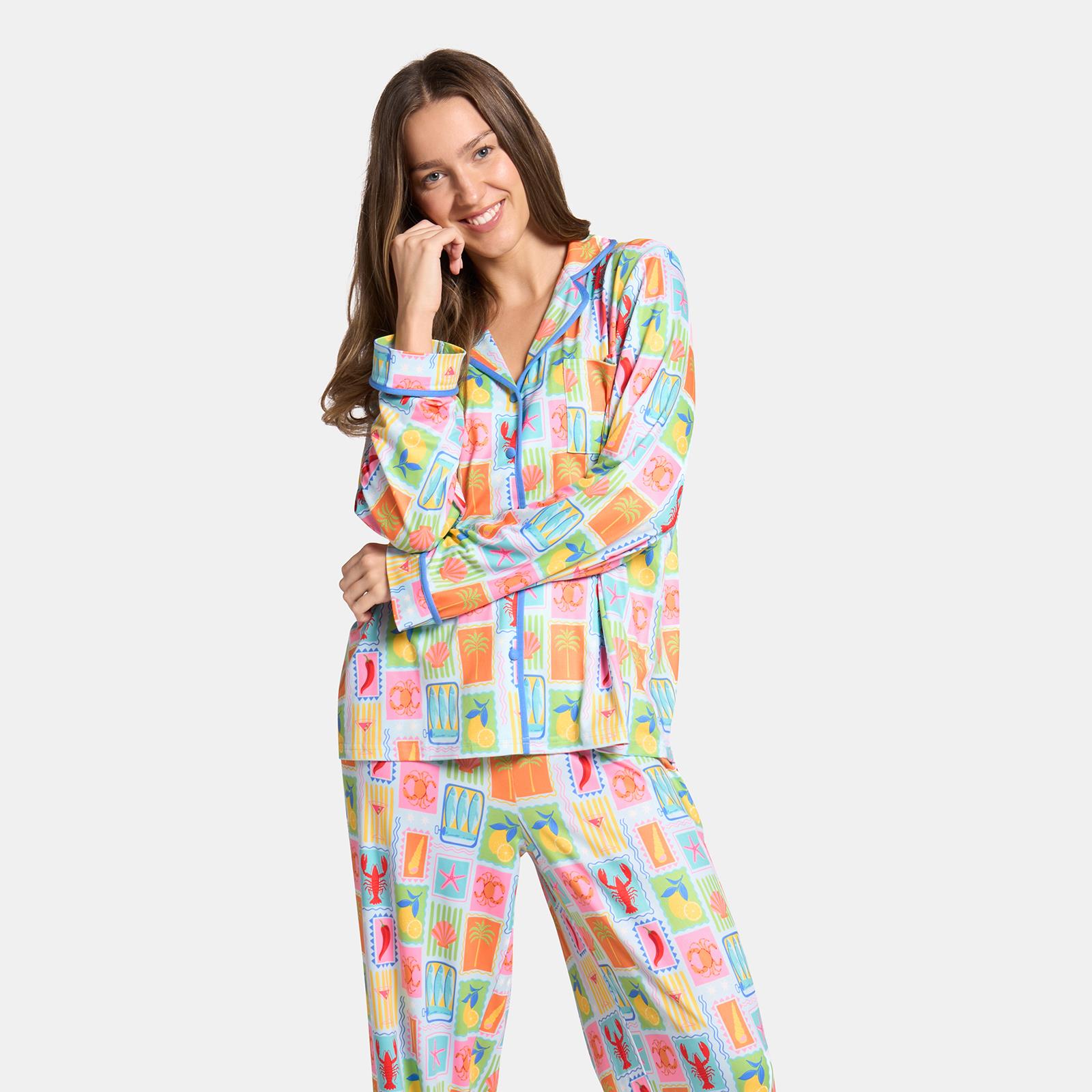 OHS Postcards Print Pyjama Set Womens Jersey Button Through Nightwear Loungewear