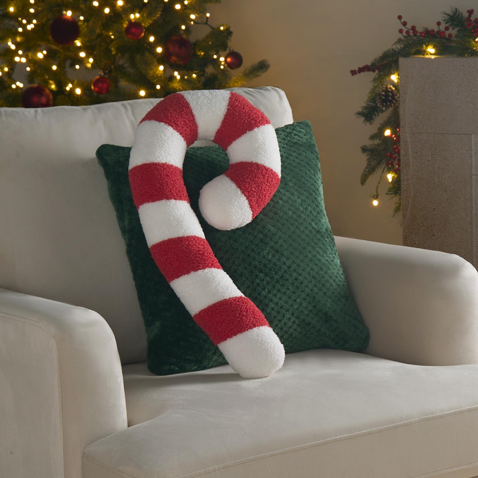 Sofa Cushion Candy Cane Xmas Festive Filled Plump Plush Soft Fleece Home Decor