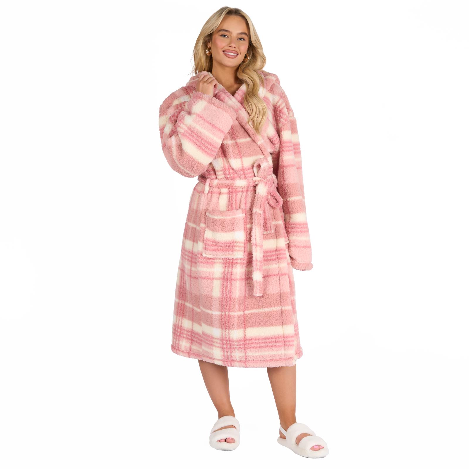 OHS Teddy Dressing Gown Tartan Check Soft Unisex Hooded Xmas Loungewear Robe