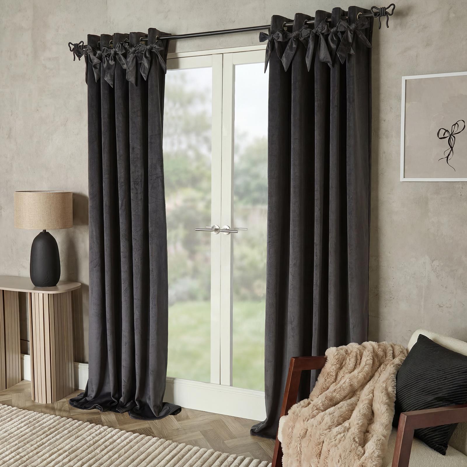 OHS Velvet Eyelet Curtains Bow Decor 2 Pair Of Ready Made Luxury Thick Ring Top