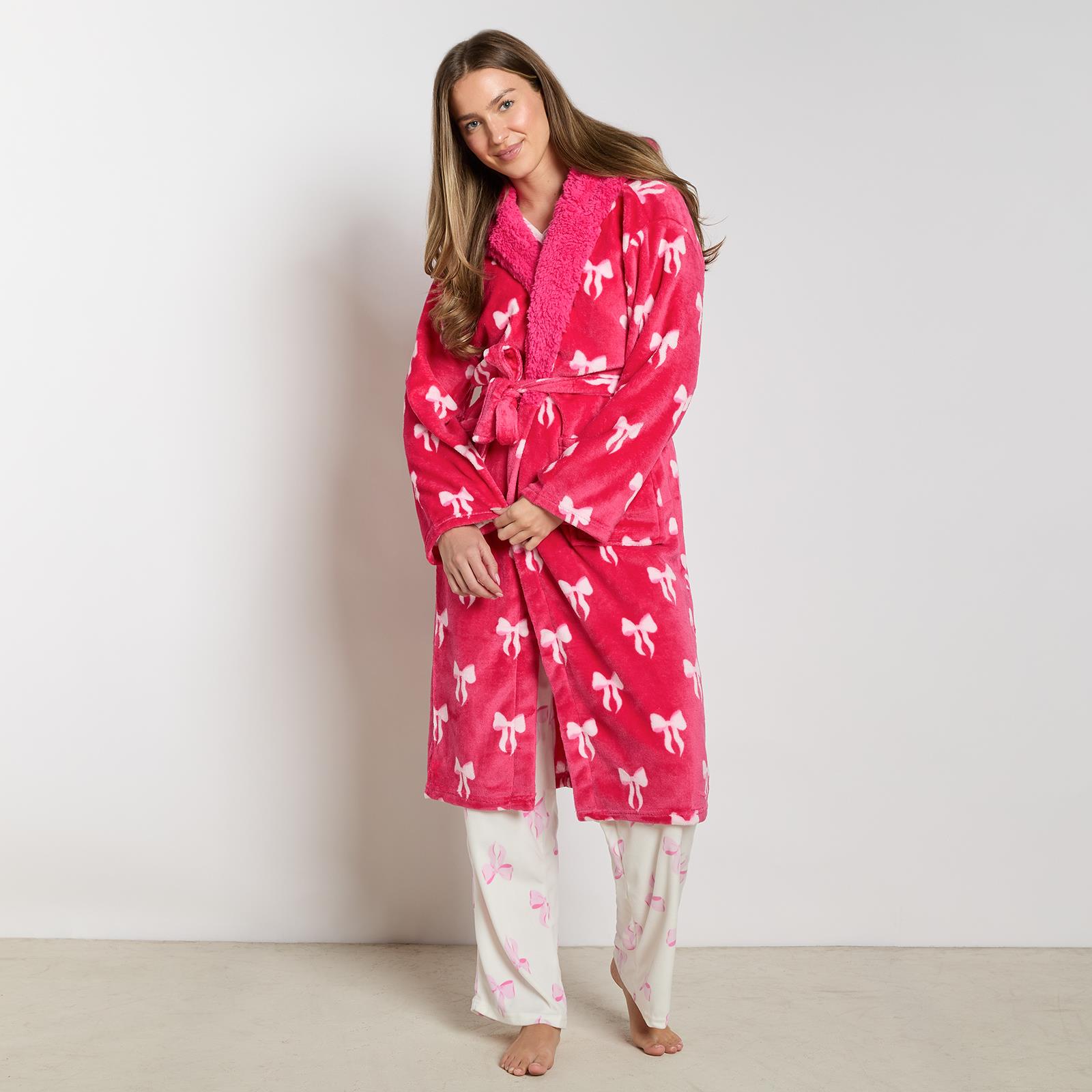 OHS Bows Dressing Gown Flannel Winter Sherpa Lined Loungewear Hooded Bathrobe