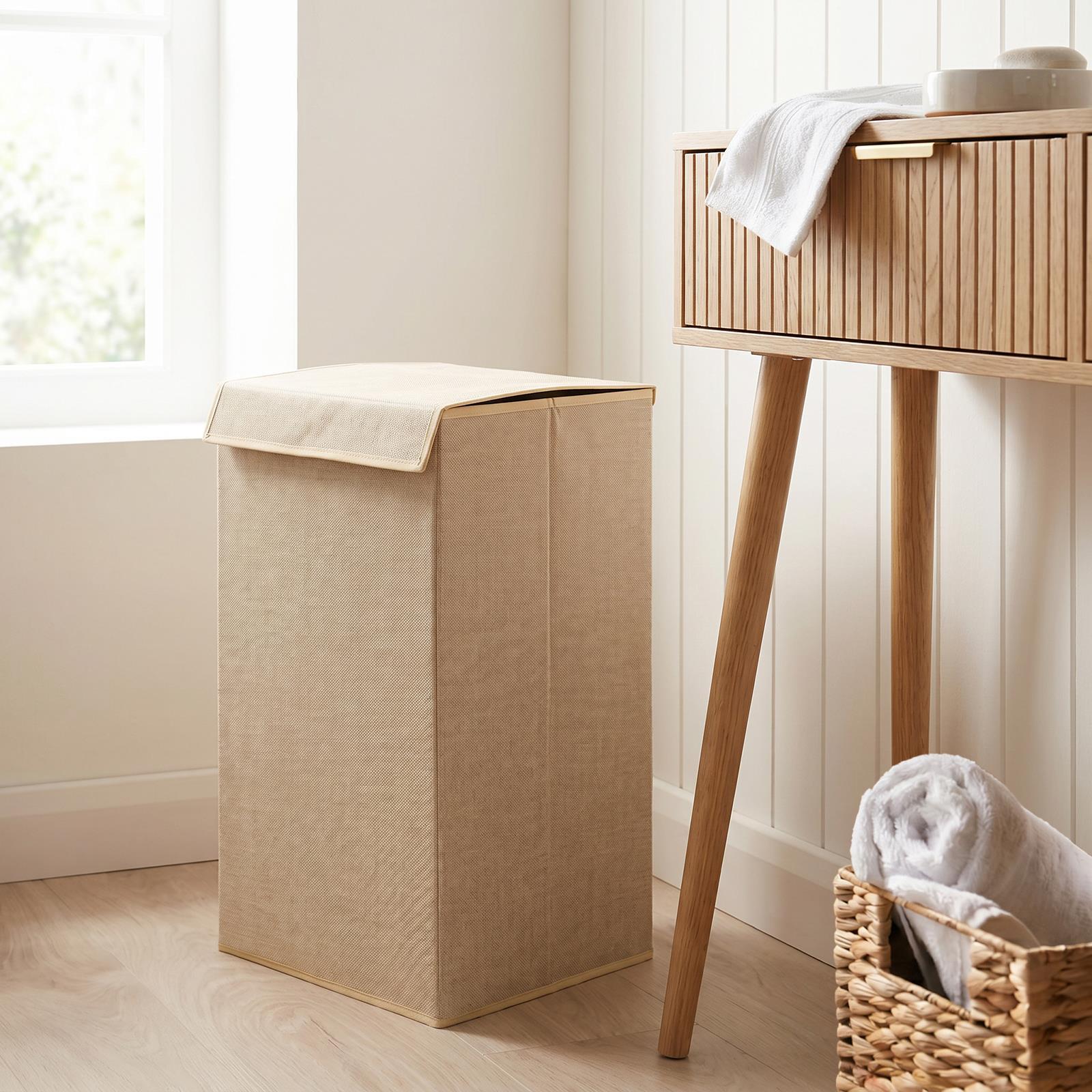 OHS Laundry Basket Faux Linen Folding Hamper Bag Clothes Bin Storage with Lid