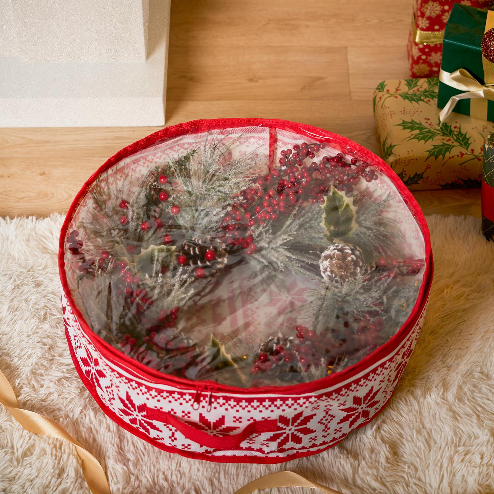 OHS Wreath Storage Bag Plain Printed Xmas Festive Decoration Holder Organiser