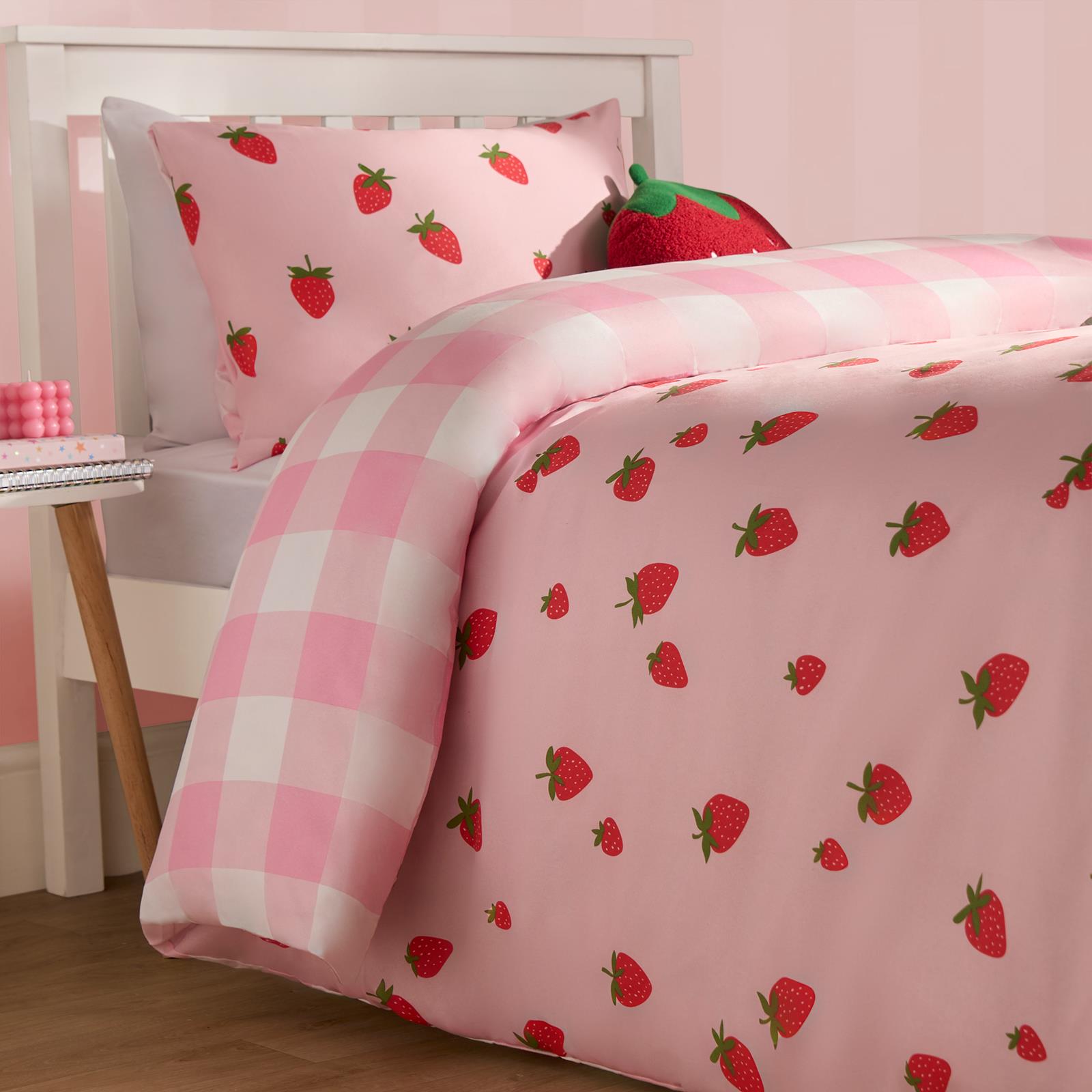 Strawberry Duvet Cover Quilt Set Pillowcase Bed Reversible Check Gingham Bedding
