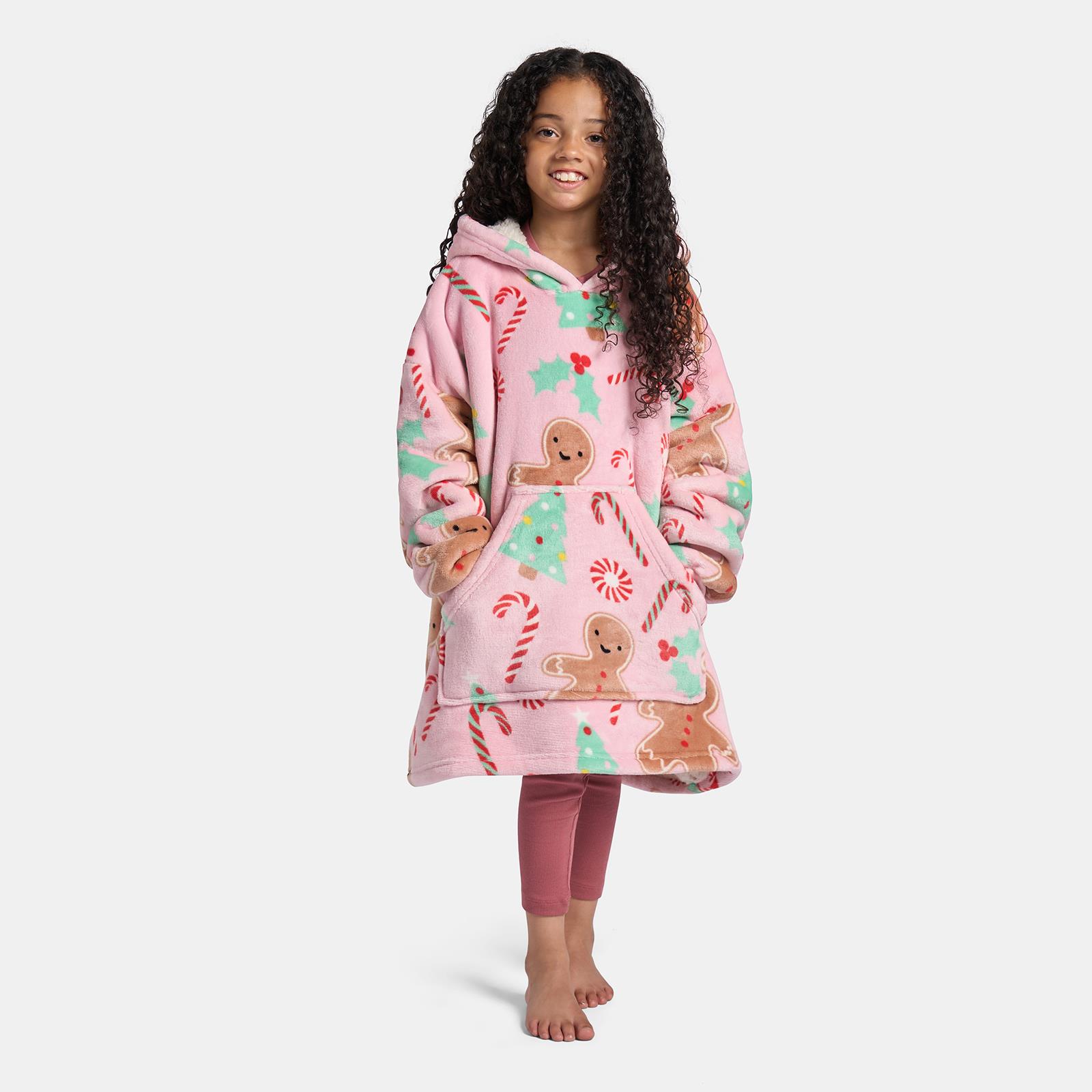OHS Xmas Blanket Hoodie Kids Christmas Print Sherpa Oversized Hooded Throw