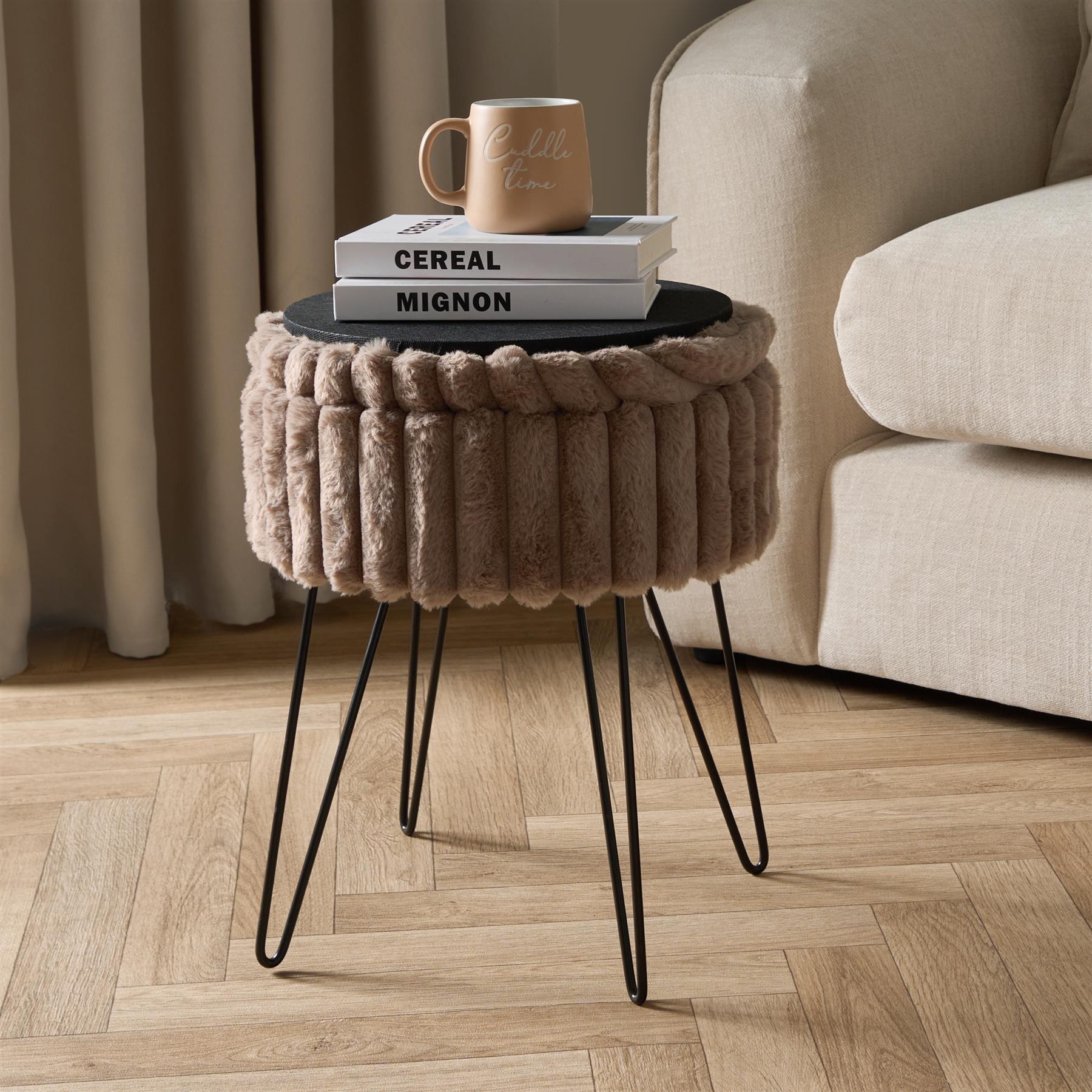 OHS Faux Fur Stool Hairpin Ribbed Fleece Round Vanity Seat Foot Rest Chair - Produktbild 2